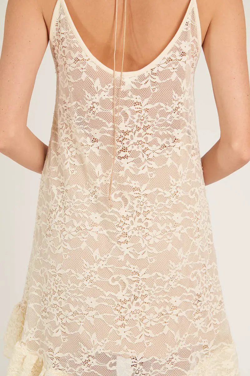 En Crème En Crème - Spaghetti Strap Lace Dress with Ruffle Hem: Beige - Dresses