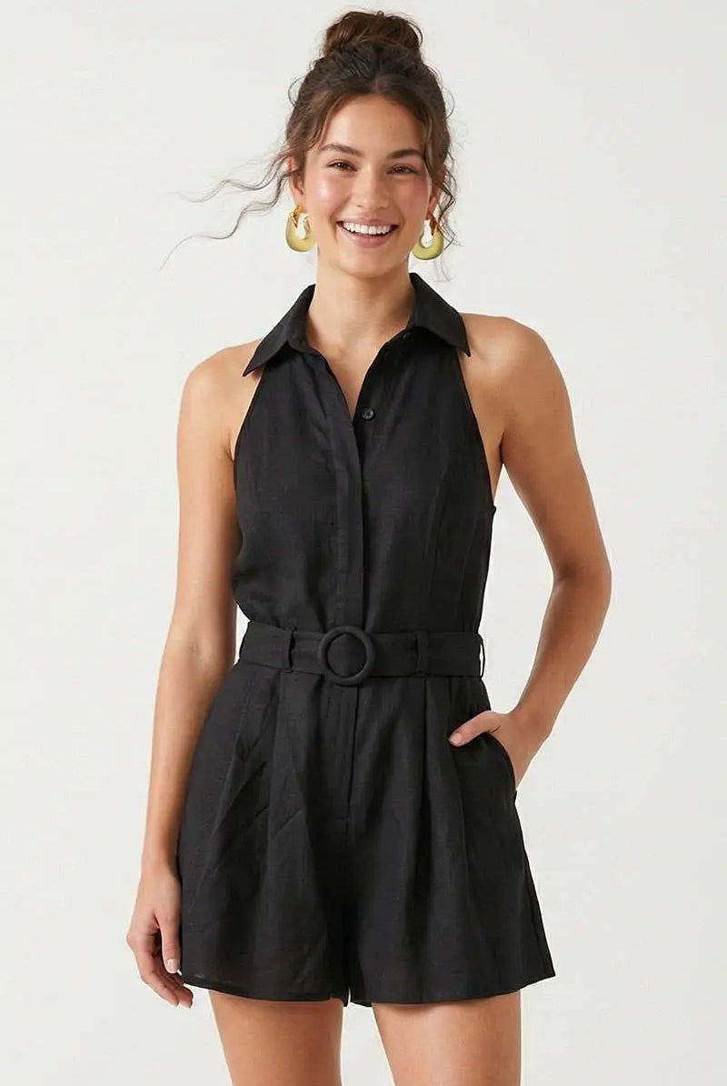 Naked Zebra The Belted Linen Halter Romper: Black - One-Pieces