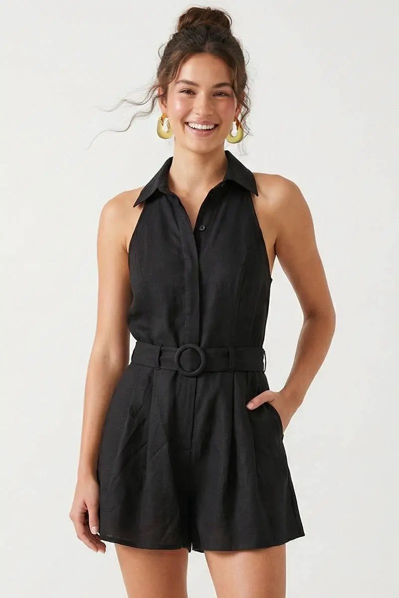 Naked Zebra The Belted Linen Halter Romper: Black - One-Pieces
