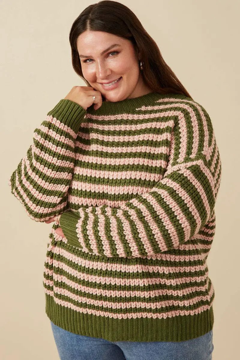 Hayden LA Hayden LA - Womens Striped Drop Shoulder Low Gauge Sweater: Olive & Pink Mix - Sweaters