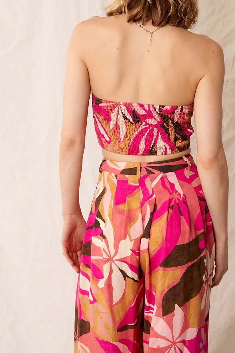 En Crème En Crème Pink Multi Printed Pleated Wide Leg Pants - Pants
