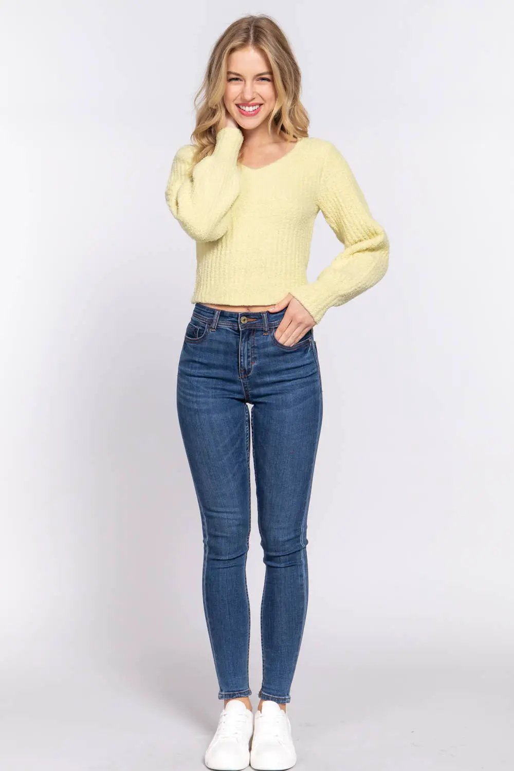 Active Basic | Active USA Active Basic | Active USA - Long Puff Sleeve V-neck Rib Sweater Top - Sweaters