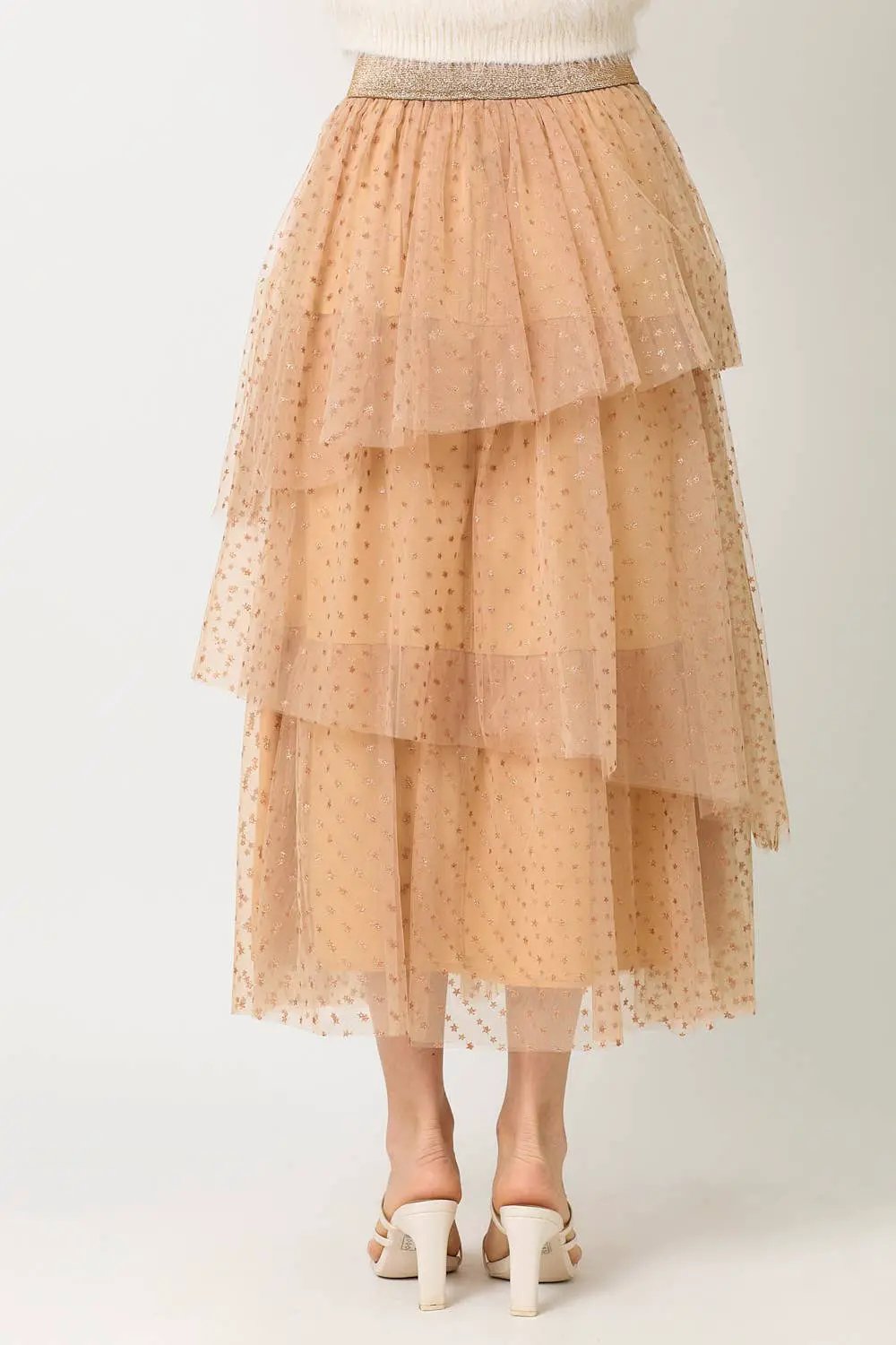 Mystree Mystree Peach/Gold Asymmetrical Tiered Ruffle Tulle Skirt - Skirts