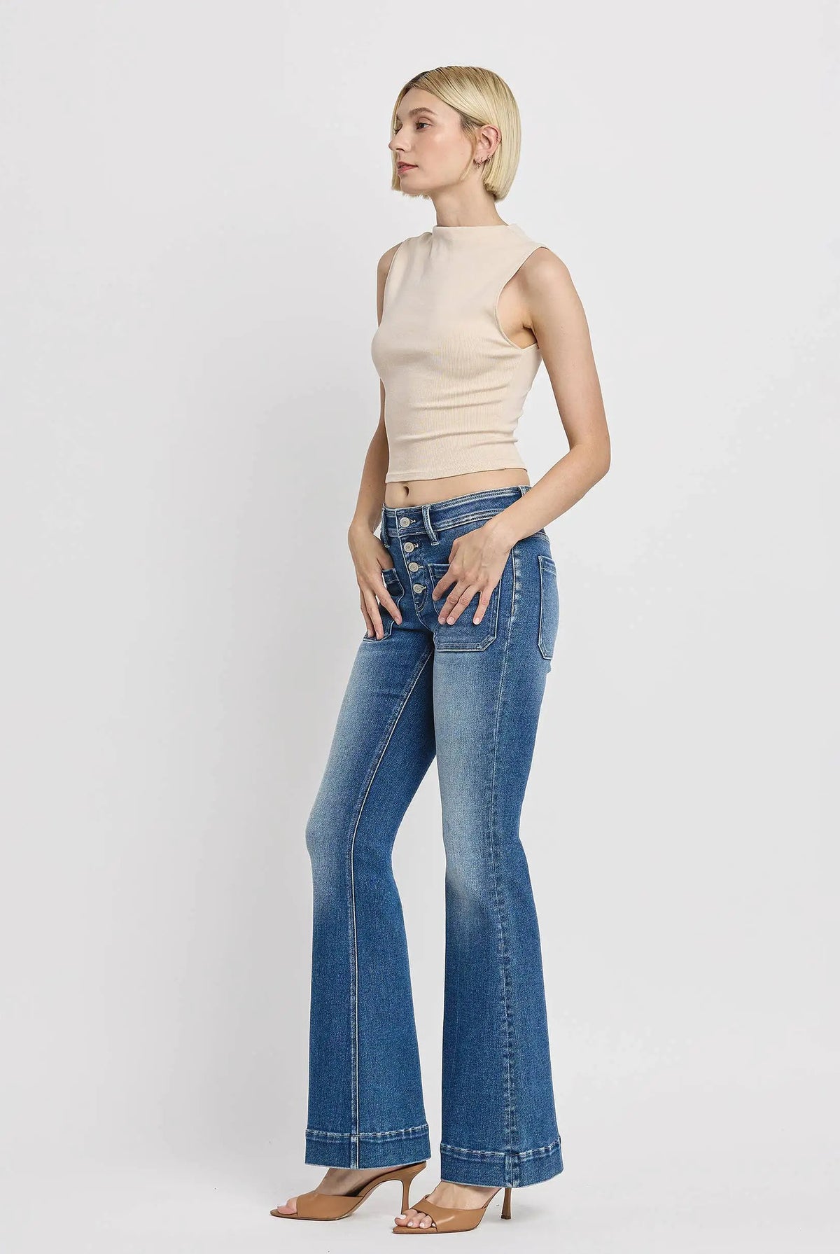 Vervet Alison mid rise button fly flare jeans with trouser hem in blue stretch denim