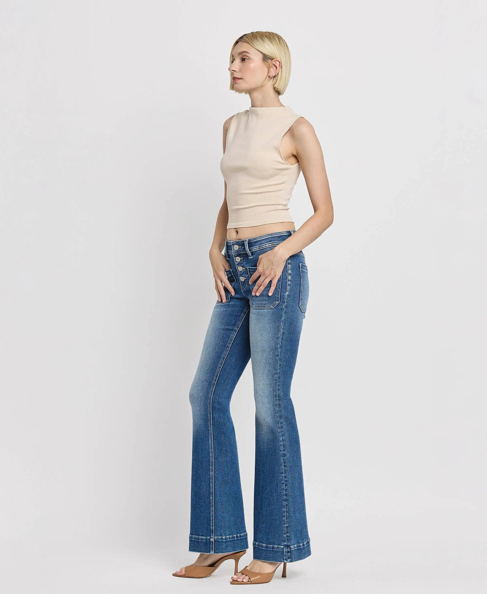 VERVET by FLYING MONKEY Mid Rise Trouser Hem Flare Jeans - Jeans
