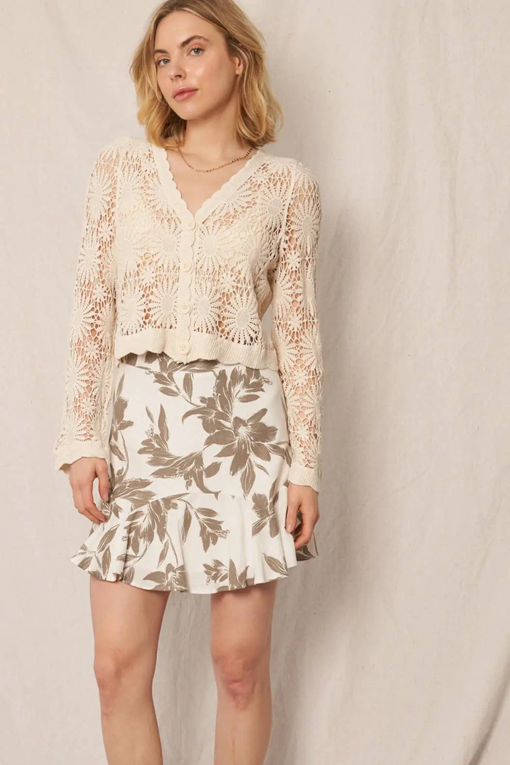 En Crème En Crème Natural Flower Pattern Crochet Cardigan - Cardigans