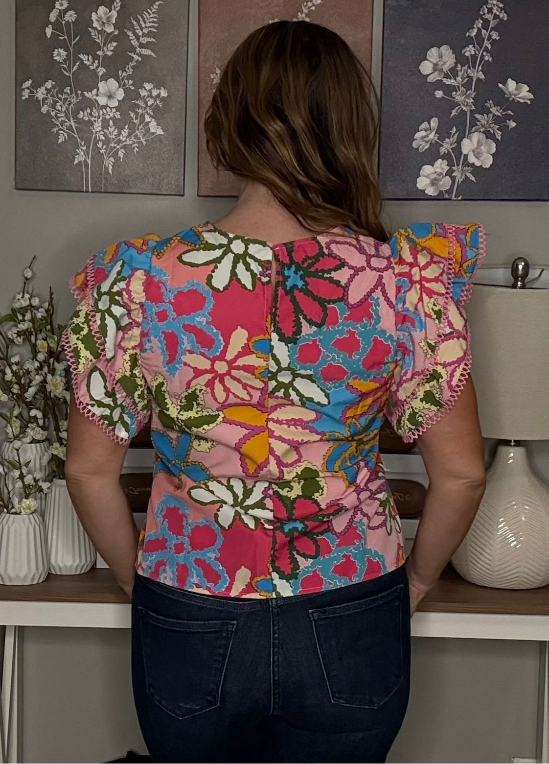 Grateful Threads Boutique Multicolor Vibrant Floral Print Trimmed Ruffle Sleeve Blouse - Blouses Multicolor Vibrant Floral Print Trimmed Ruffle Sleeve Blouse