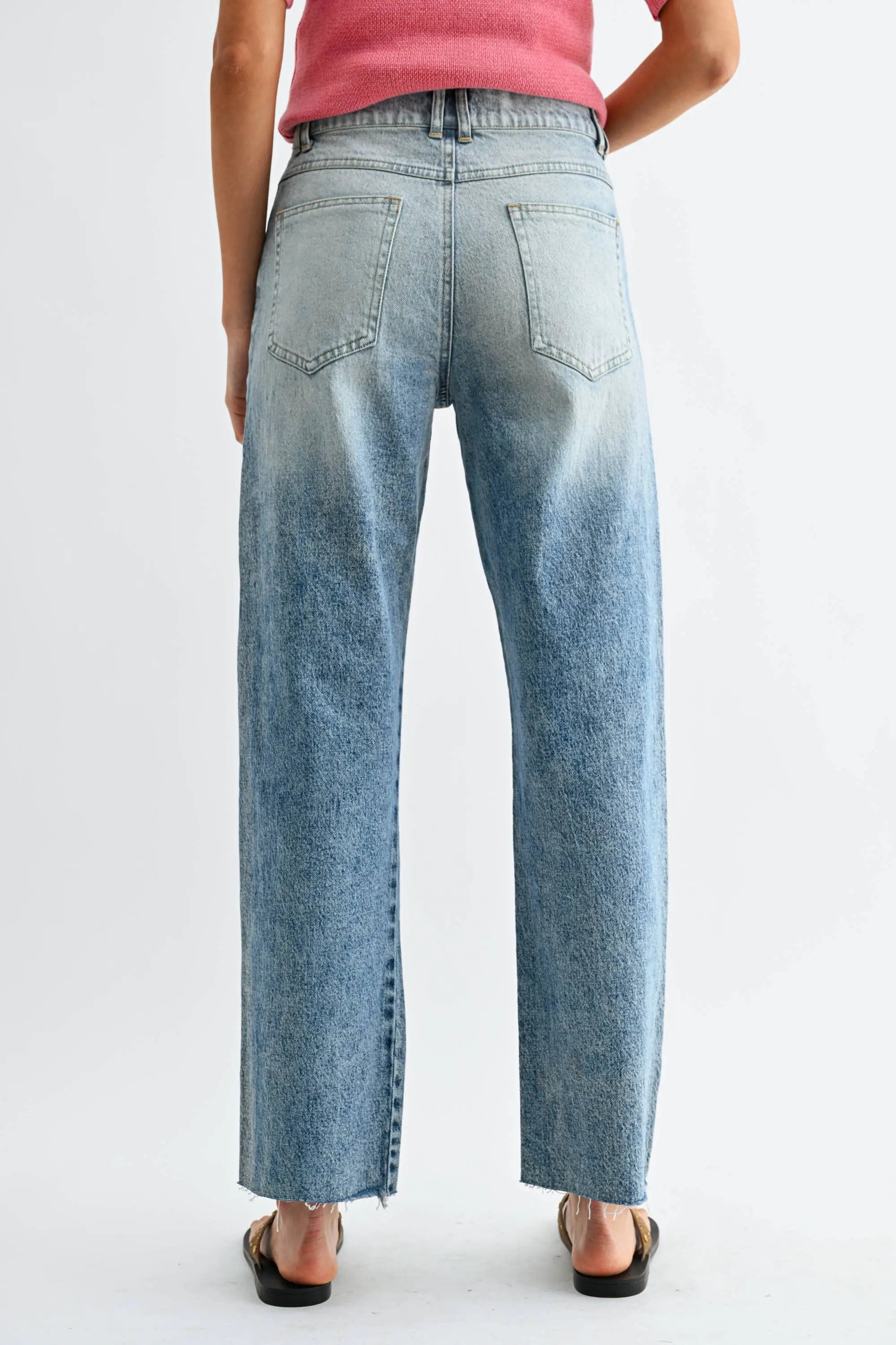 Camellia Camellia - CB10062E Studded High-Waist Straight-Leg Jeans: MEDIUM WASHED DENIM / S-M-L (3-2-1) -
