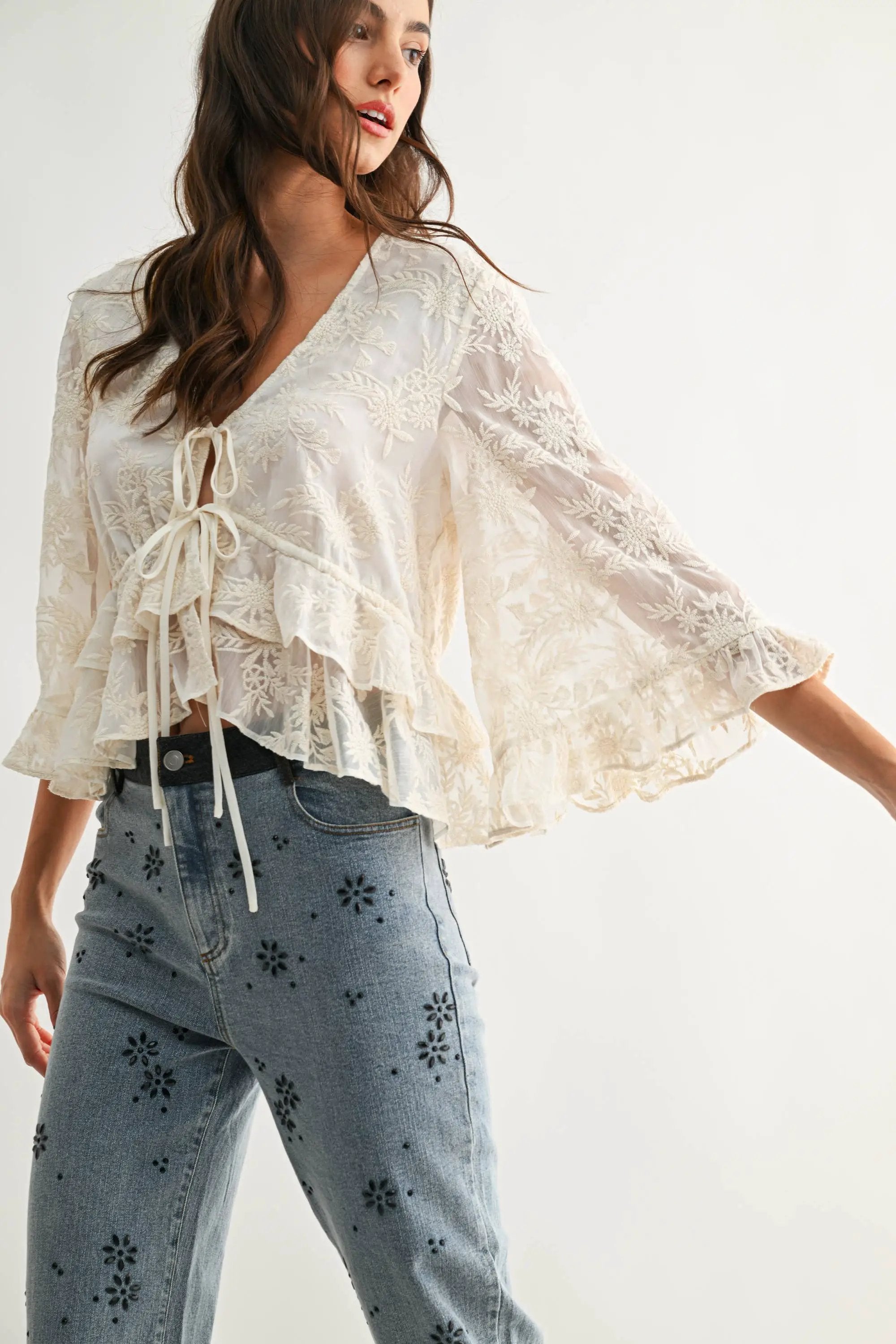 Camellia The Boho Embroidered Sheer Flowy Bell Sleeve Blouse: CREAM - Blouses