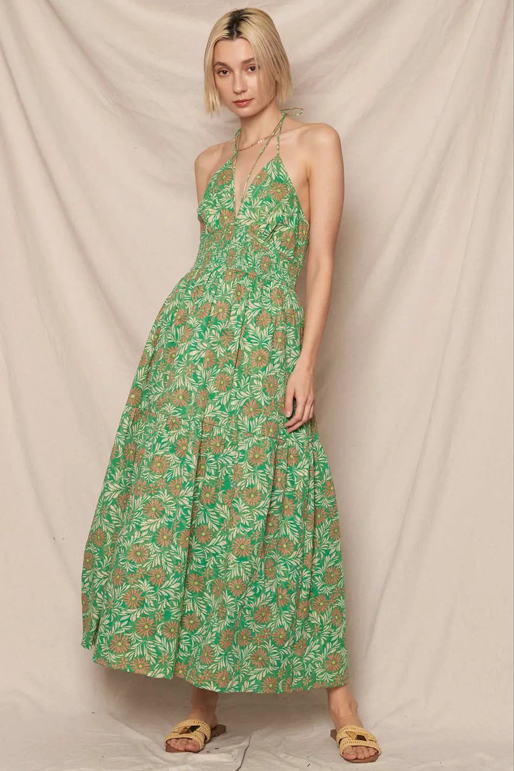 En Crème En Crème Green Floral Print Strappy Halter Neck Midi Dress with Lurex - Dresses floral print strappy dress