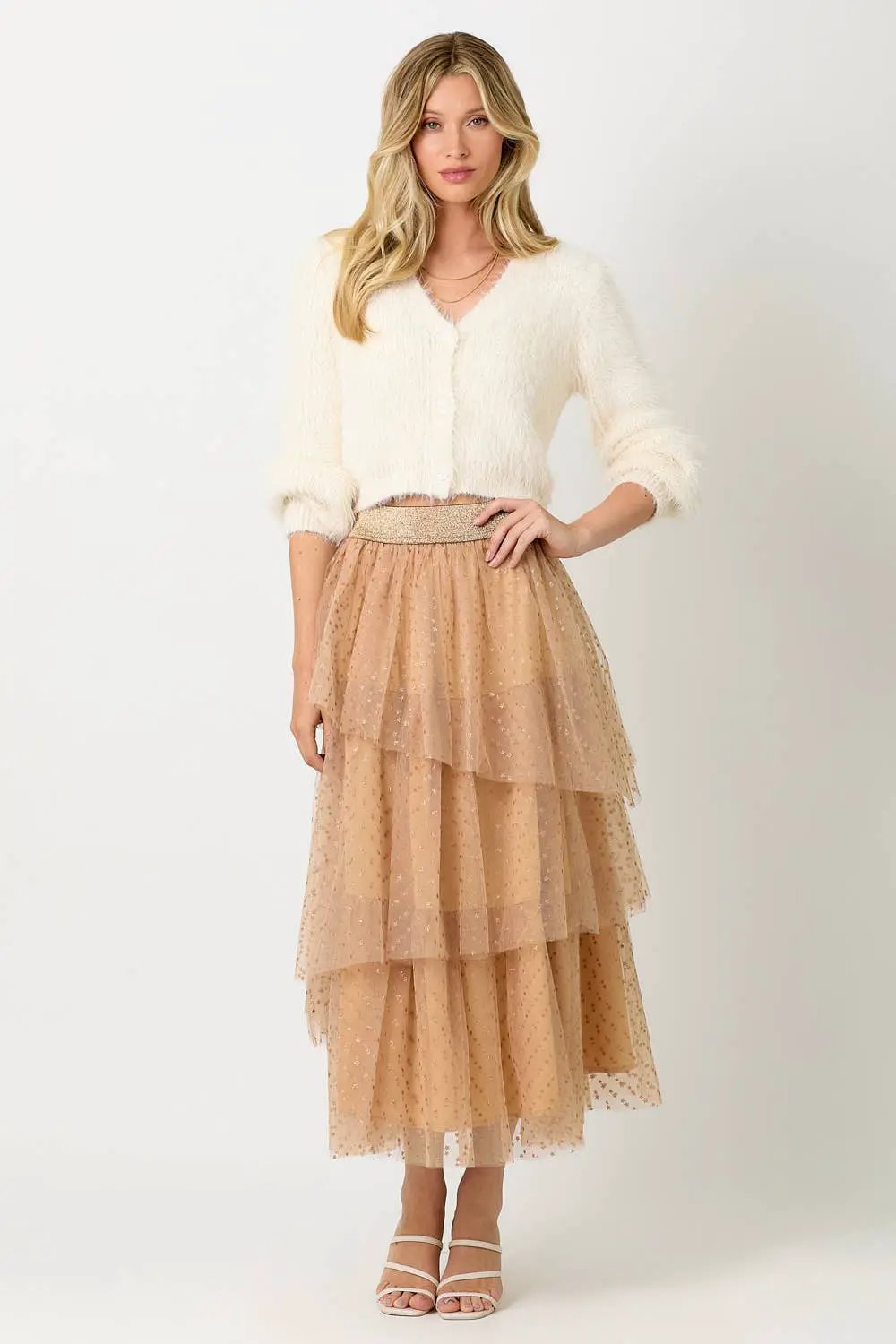 Mystree Mystree Peach/Gold Asymmetrical Tiered Ruffle Tulle Skirt - Skirts
