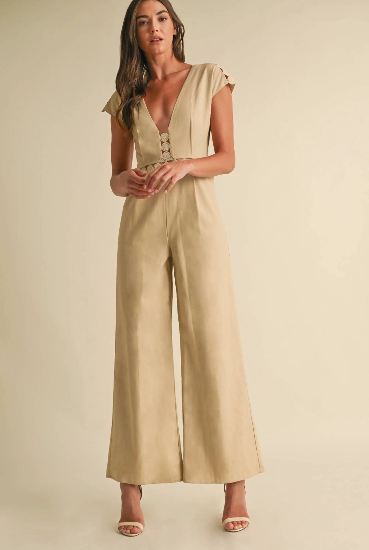 Endless Blu Endless Blu Beige Sleeveless Jumpsuit - One-Pieces