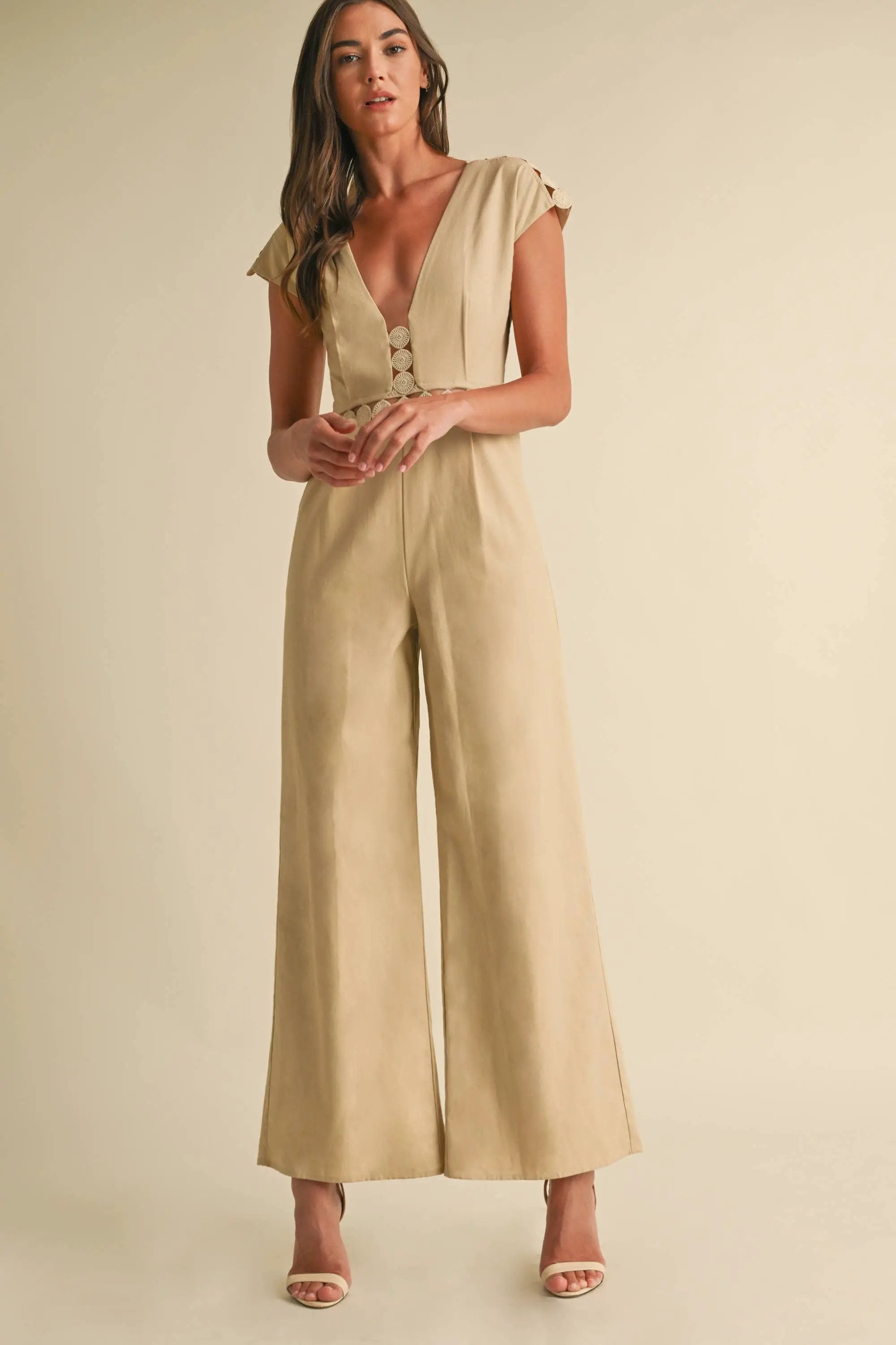 Endless Blu Endless Blu Beige Sleeveless Jumpsuit - One-Pieces