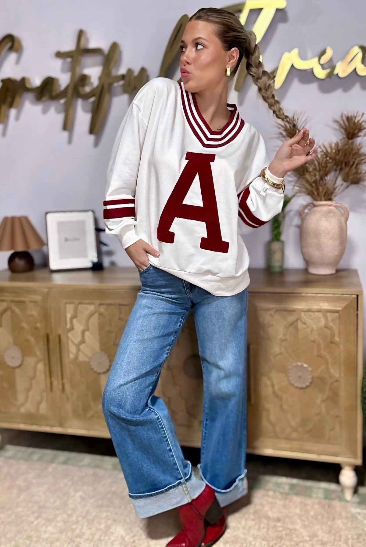 Oddi Oddi - Varsity-Inspired Pullover: White Red Combo - Sweatshirts