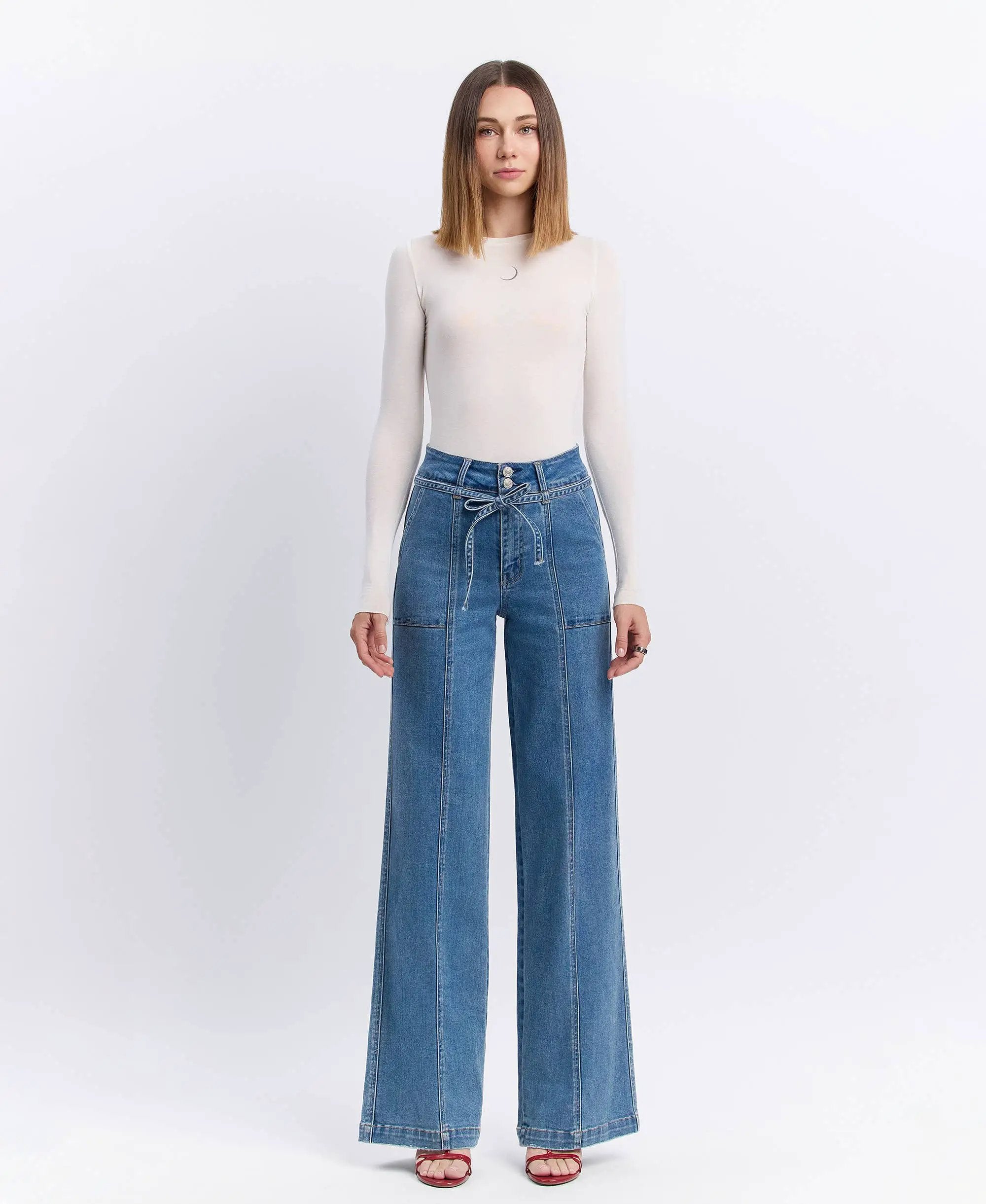 VERVET by FLYING MONKEY VERVET ‘Olivia’ Super High Rise Tie Waistband Wide Leg Jeans - Jeans