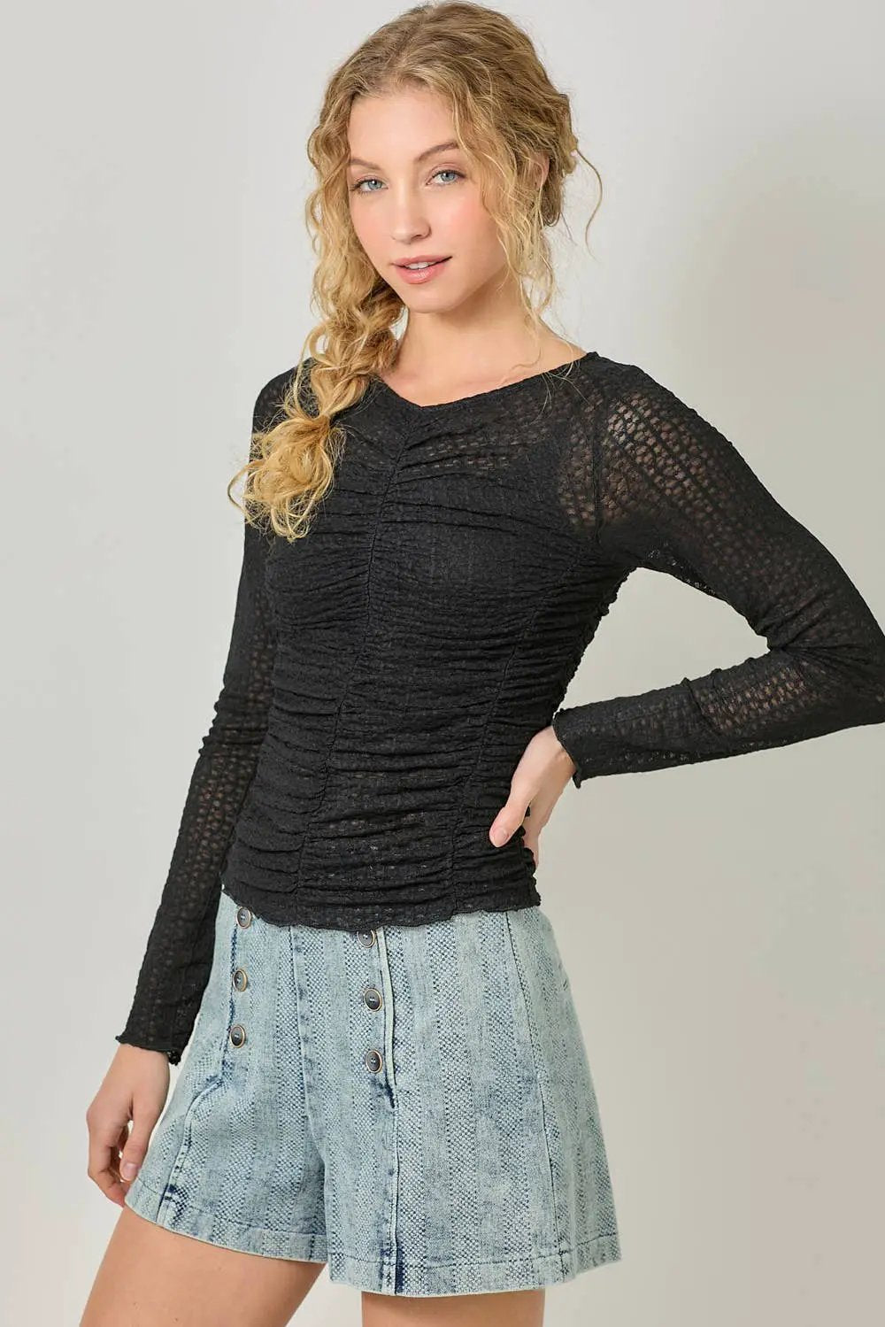 Mystree Mystree - After Dark Lettuce Hem Mesh Layering Top - Blouses