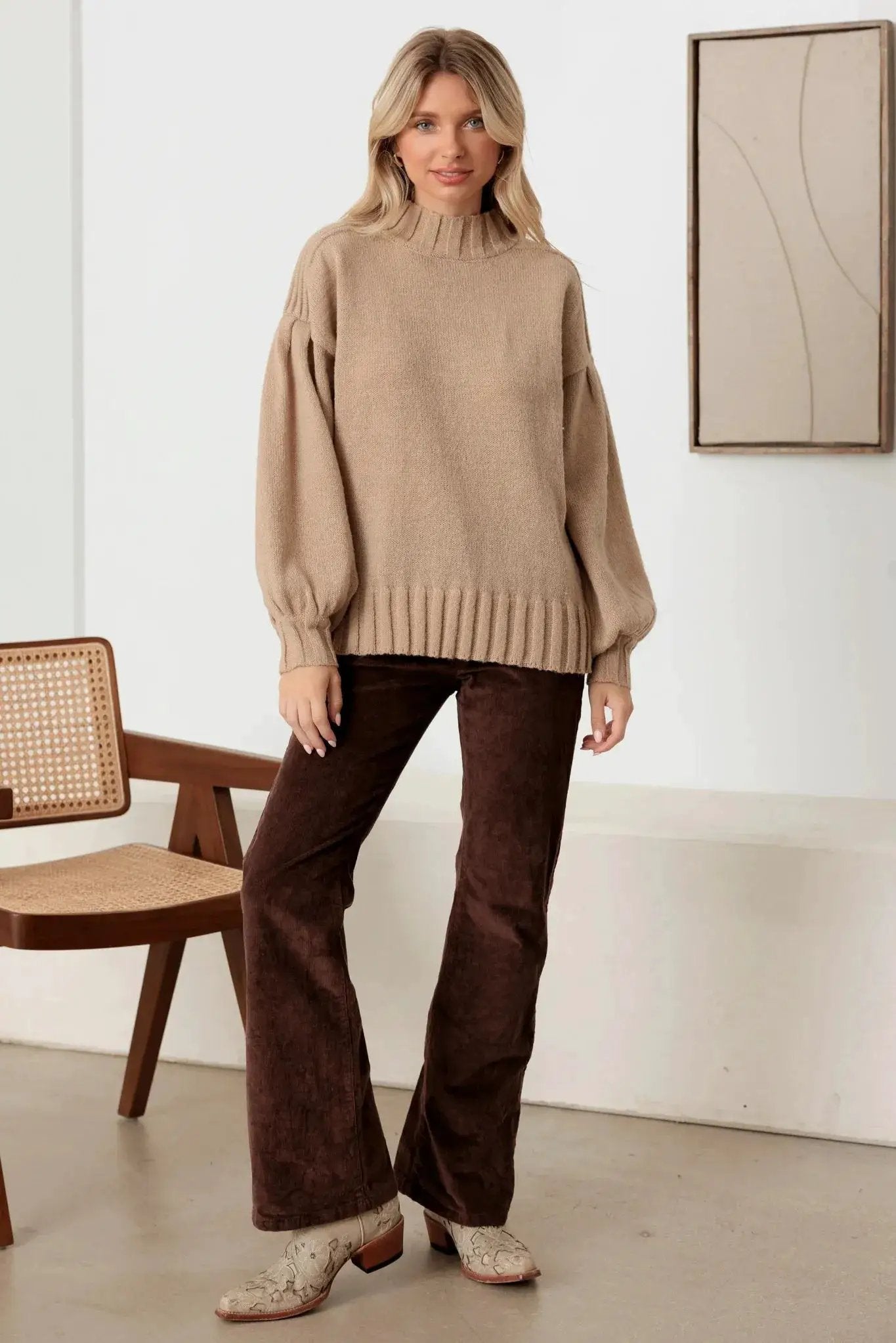 New In Light Mocha Knit Crew Neck Long Puff Sleeve Sweater - Sweaters