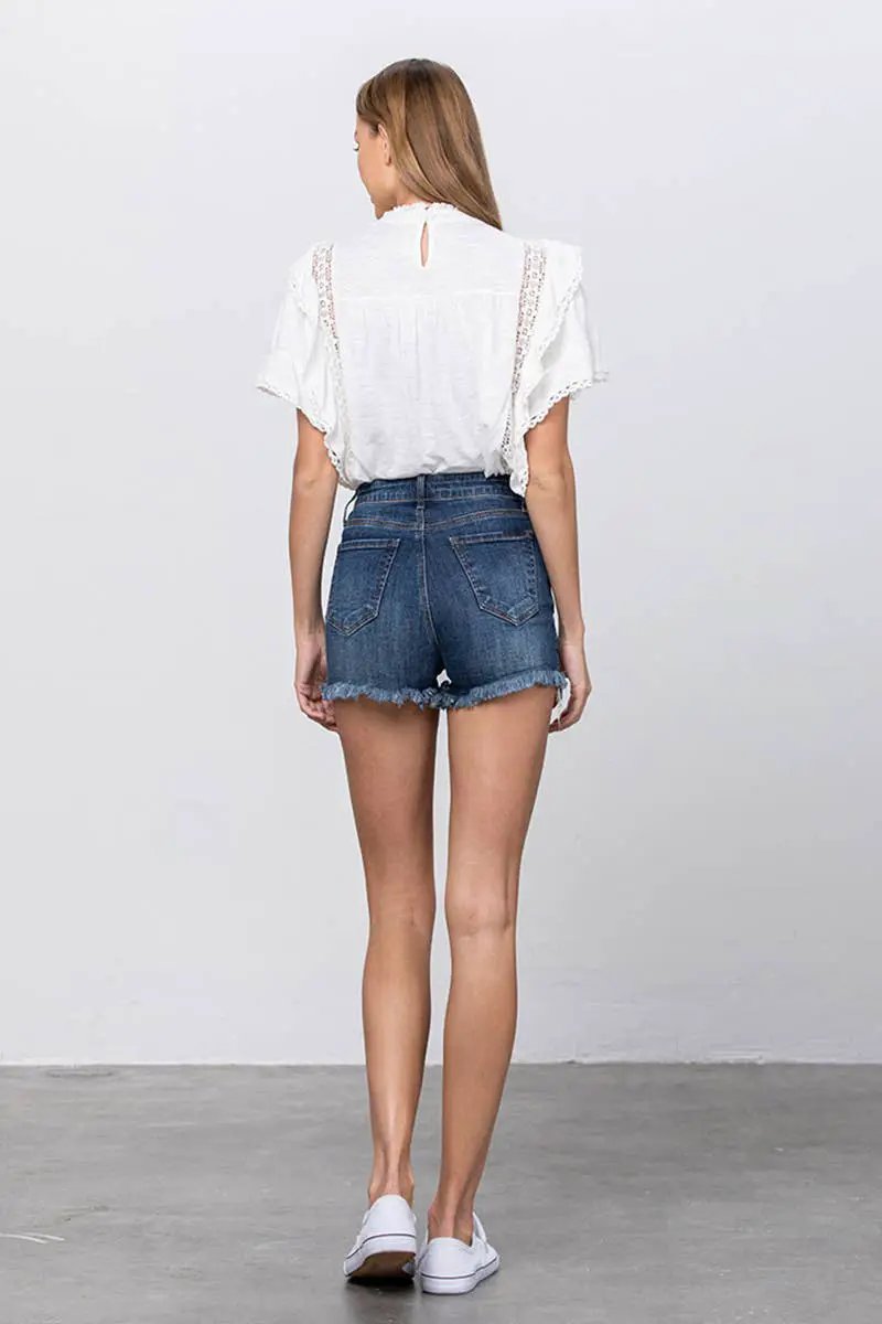 Insane Gene USA The Frayed Hem Lace Trim Snatched Shorts - Denim Shorts shorts