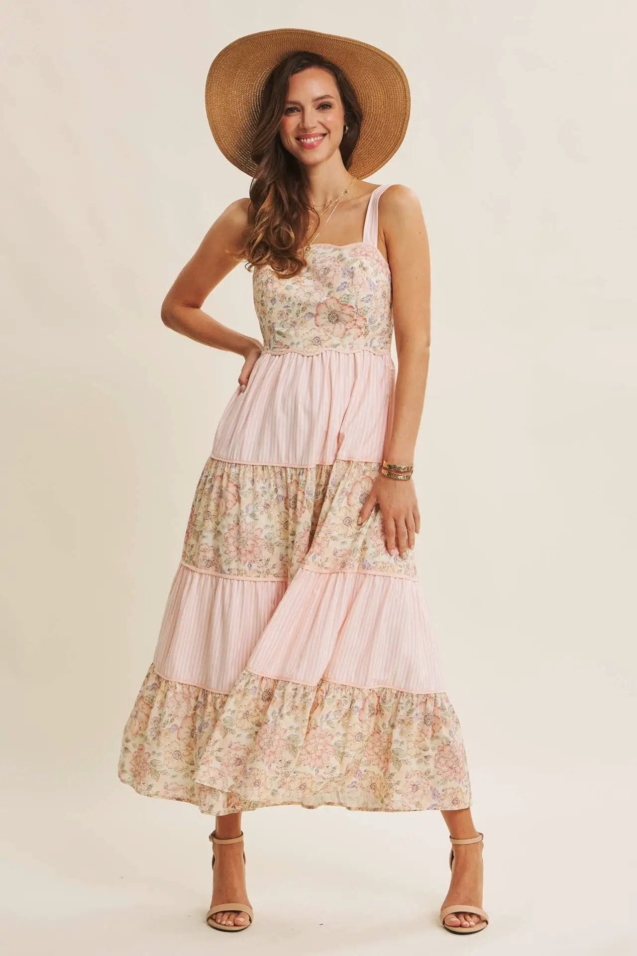 in february The Dreamy Tiered Patchwork Midi Dress: Peach Multi - Dresses
