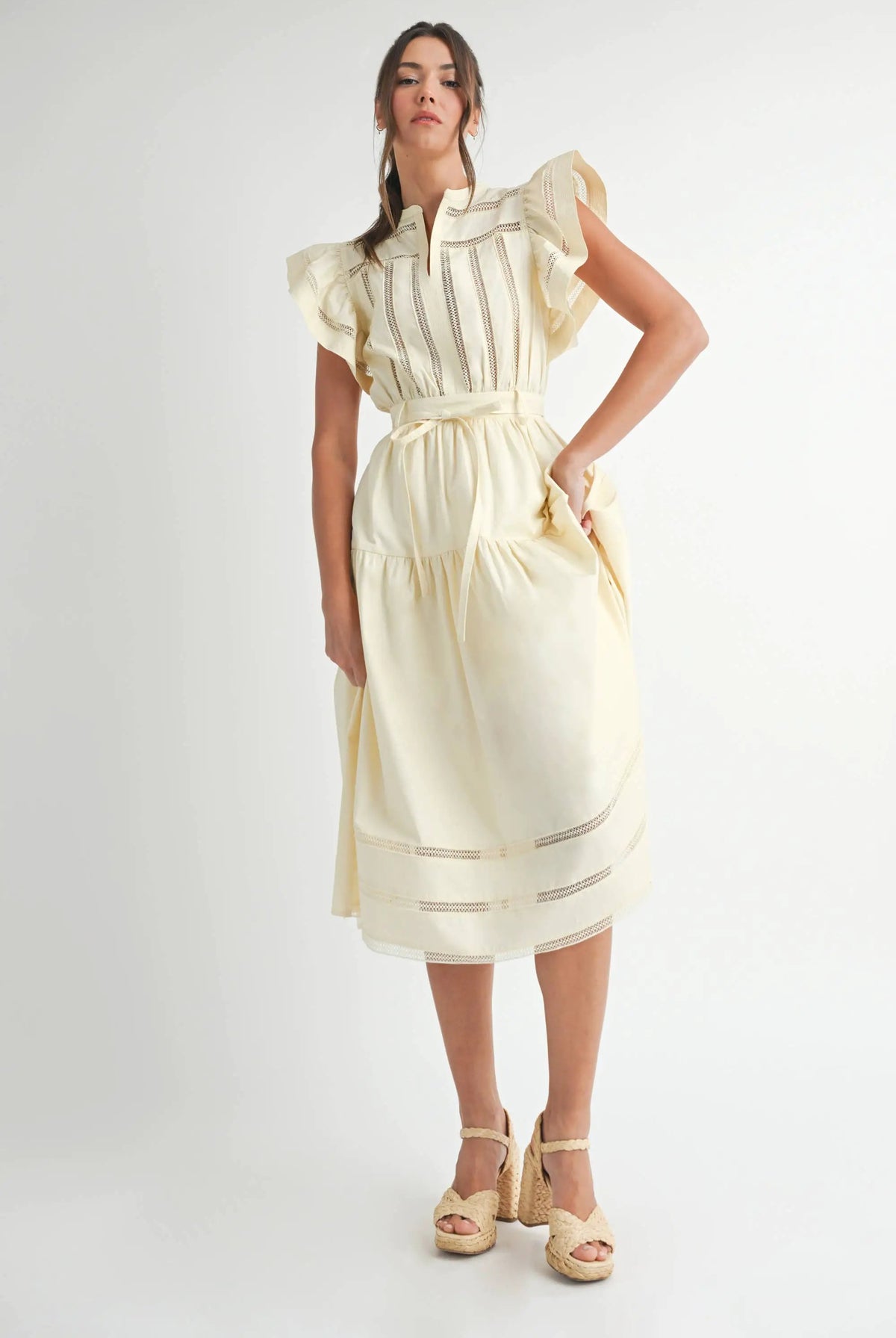 Endless Blu Endless Blu Cream Short Sleeve Tiered Midi Dress - Dresses