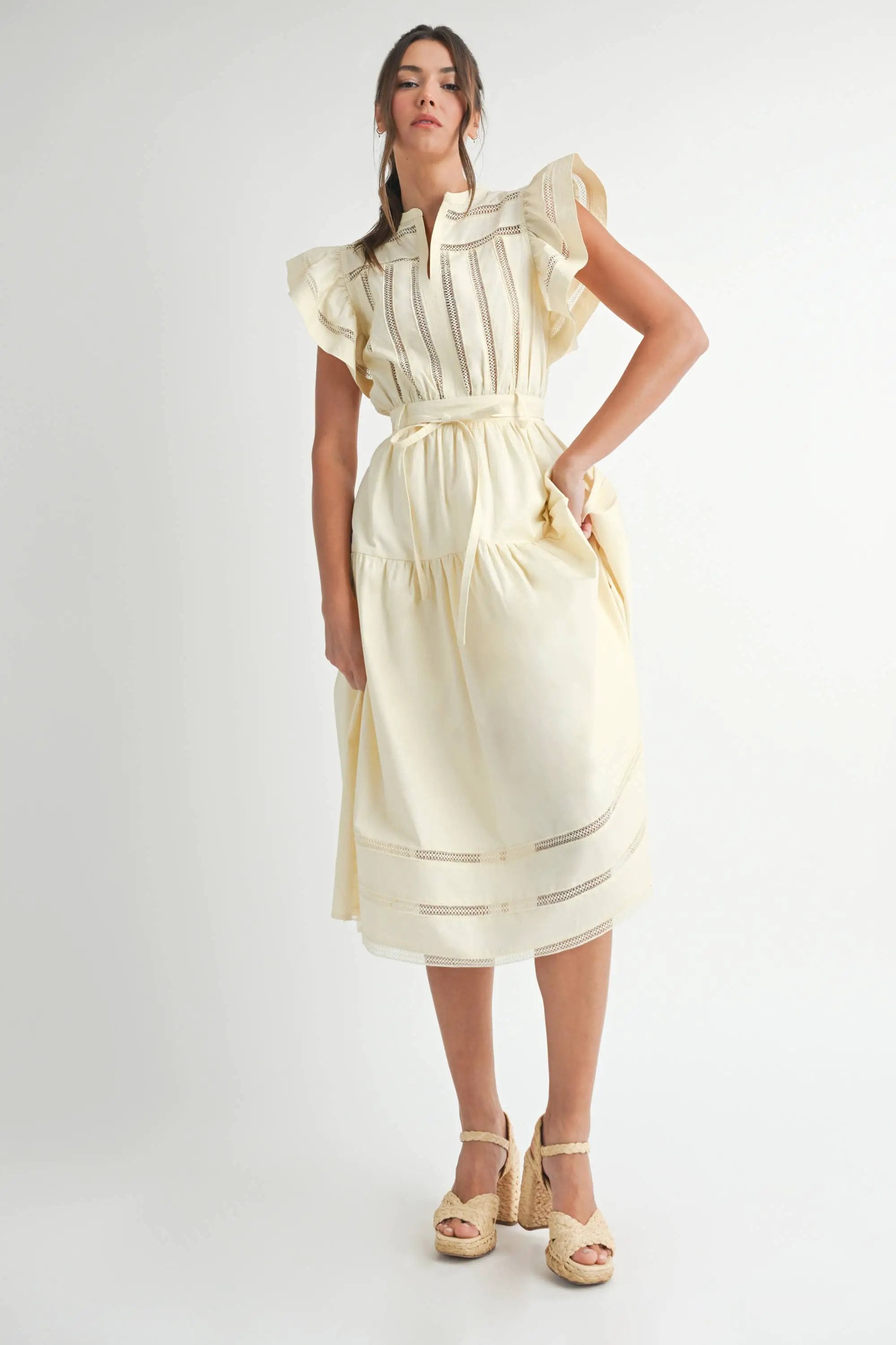Endless Blu Endless Blu Cream Short Sleeve Tiered Midi Dress - Dresses