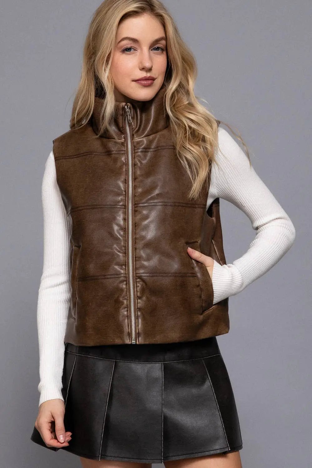Active Basic | Active USA Active Basic | Active USA - Wash Effect Faux Leather Vest in Hazelnut - Vests Wash Effect Faux Leather Vest