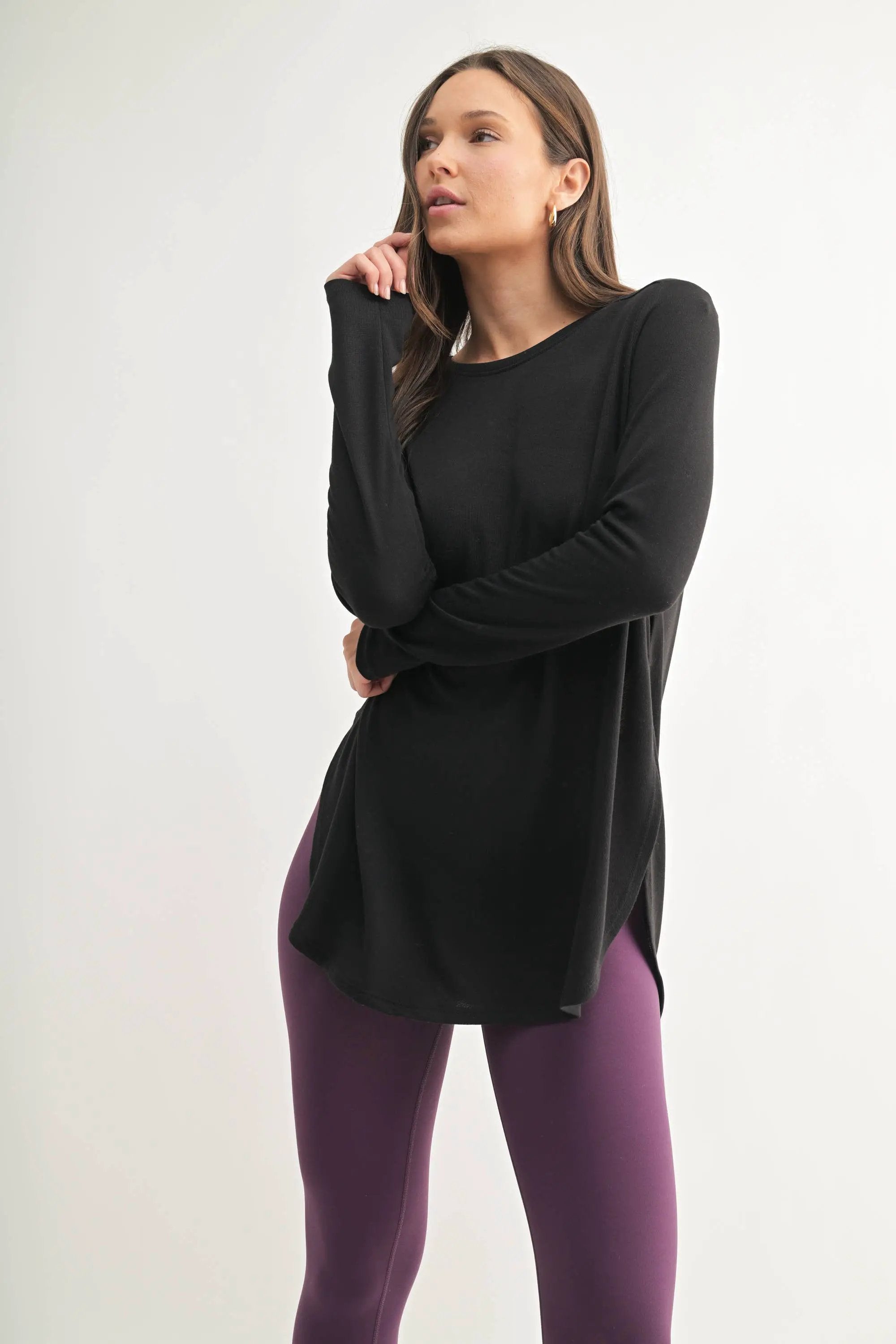 Mono B Mono B - Long Sleeve Flow Top with Side Slit - Tunics Mono B - Long Sleeve Flow Top with Side Slit