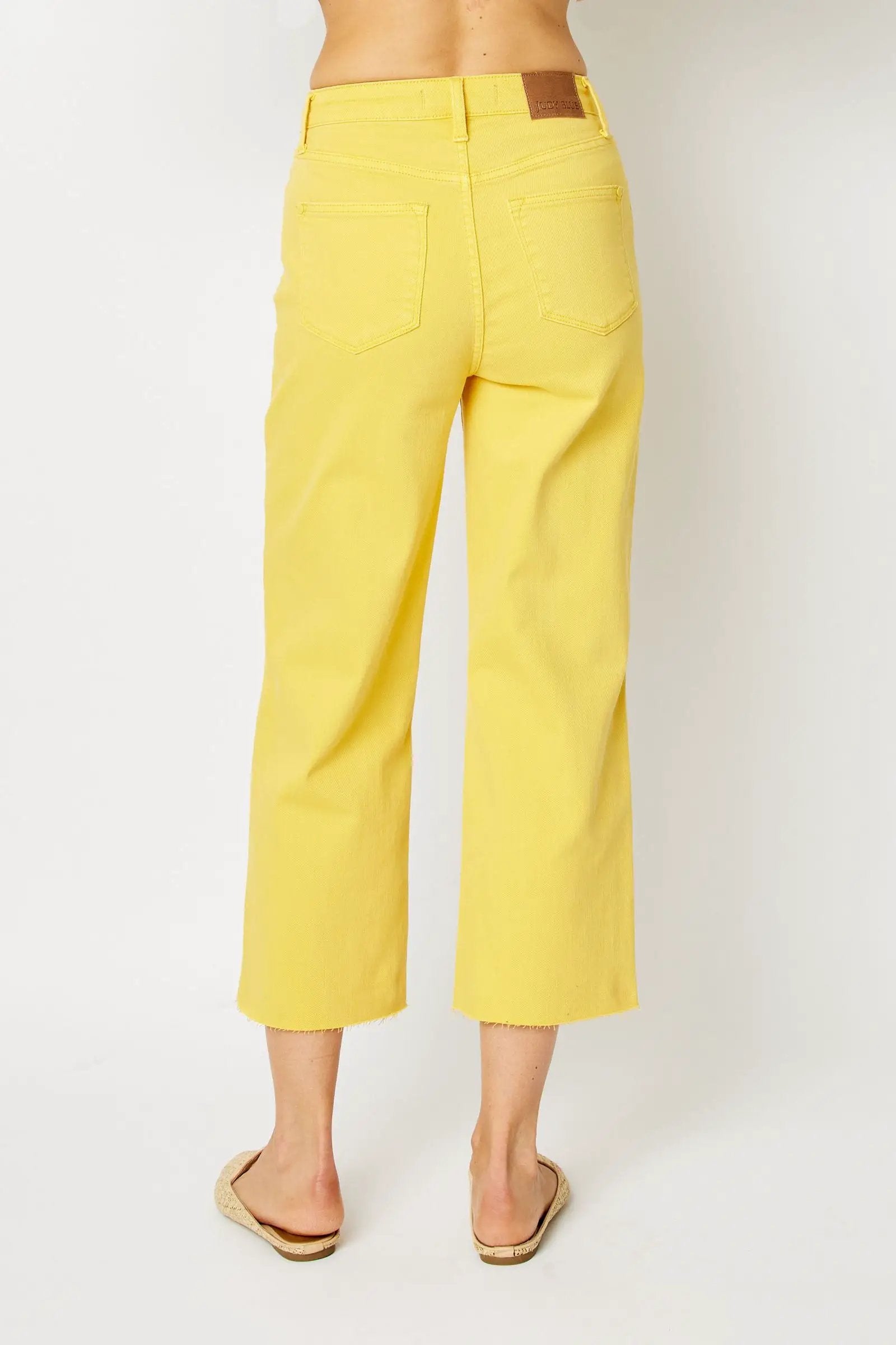 Judy Blue The Braided Waist Band Yellow Cropped Wide Leg Jeans - Jeans Judy Blue High Waisted Yellow Garment Dyed Braided Waist Band Cropped Wide Leg Denim Jeans