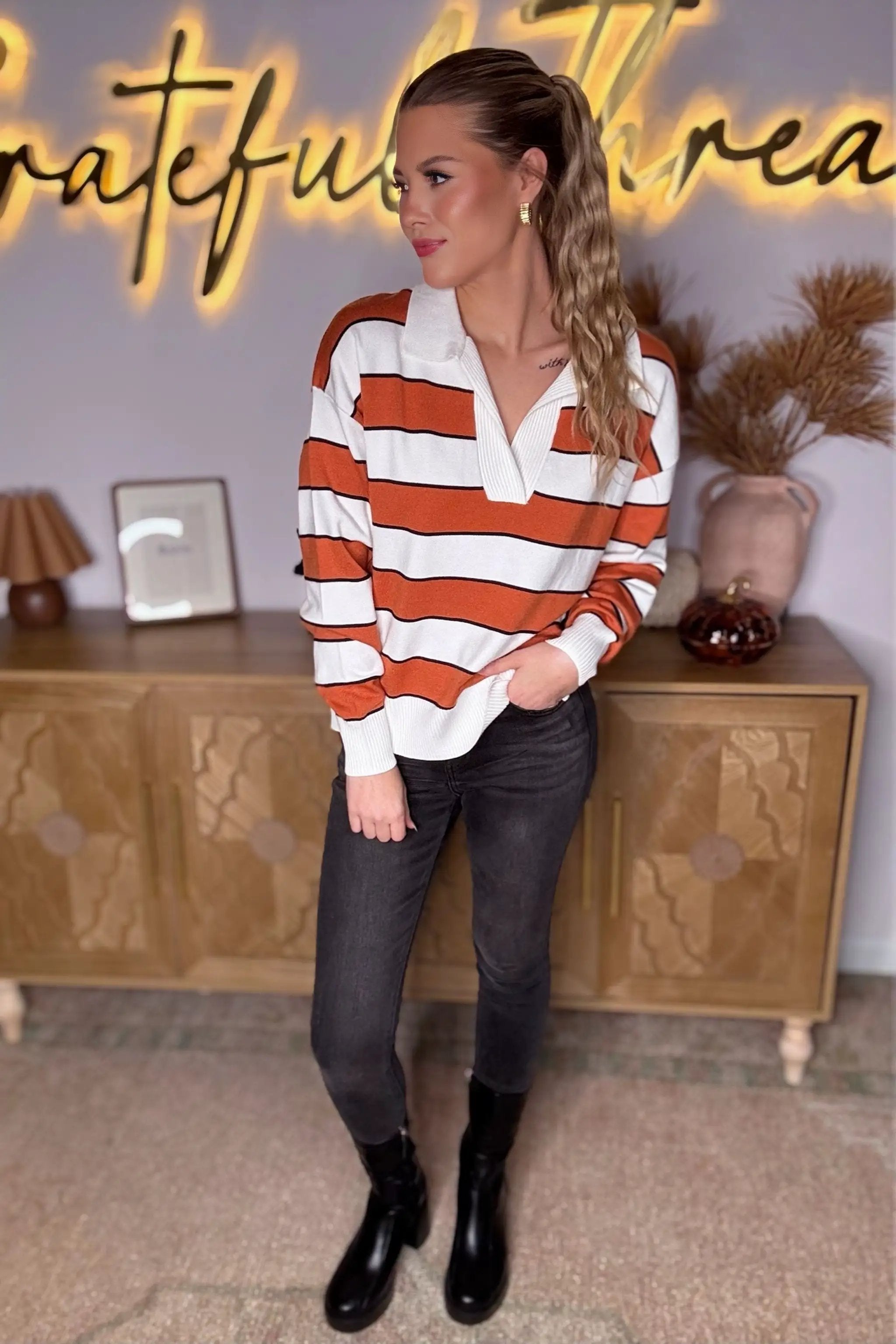 Grateful Threads Boutique Brown Stripe Ribbed Polo Collar Drop Shoulder Sweater - Sweaters Brown Stripe Ribbed Polo Collar Drop Shoulder Sweater