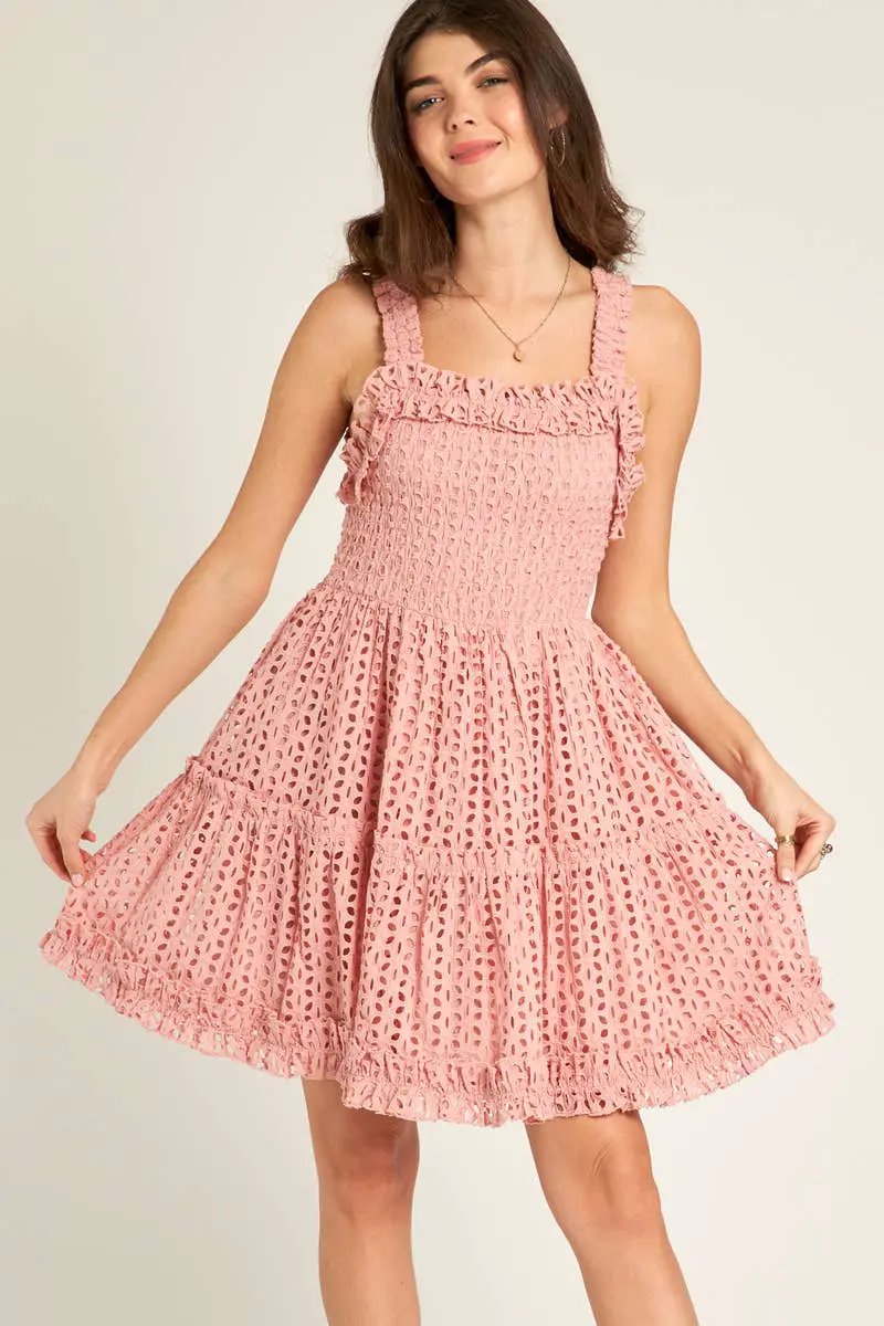 En Crème En Crème Sleeveless Square Neck Eyelet Mini Dress - Dresses