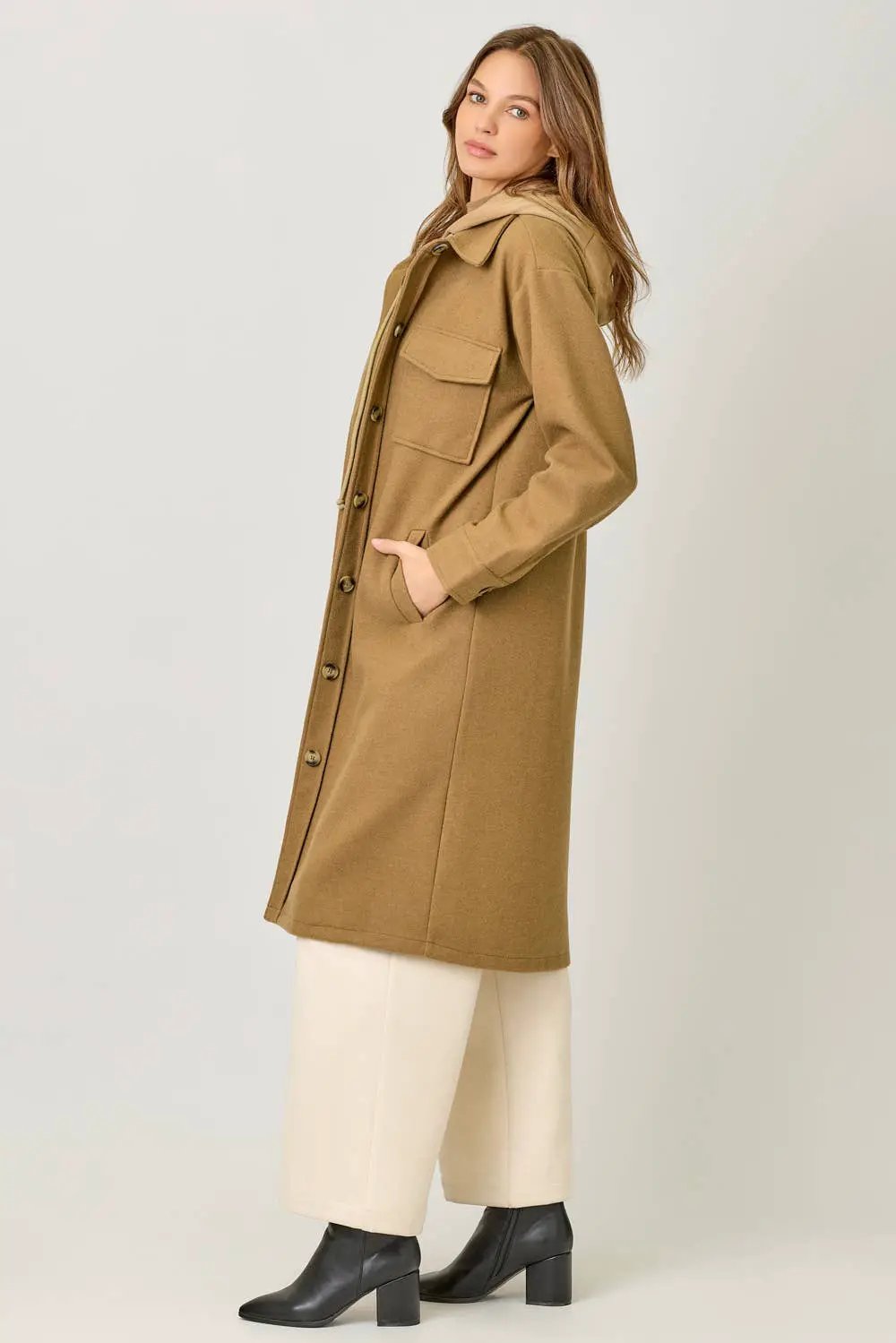 Mystree Mystree - Warm Sand Twofer Hoodie Long Coat - Overcoats