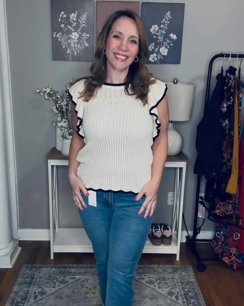 1 the Woman Crochet Eyelet Flounce Tank Top in Cream & Black - Blouses Crochet Eyelet Flounce Tank Top in Cream & Black
