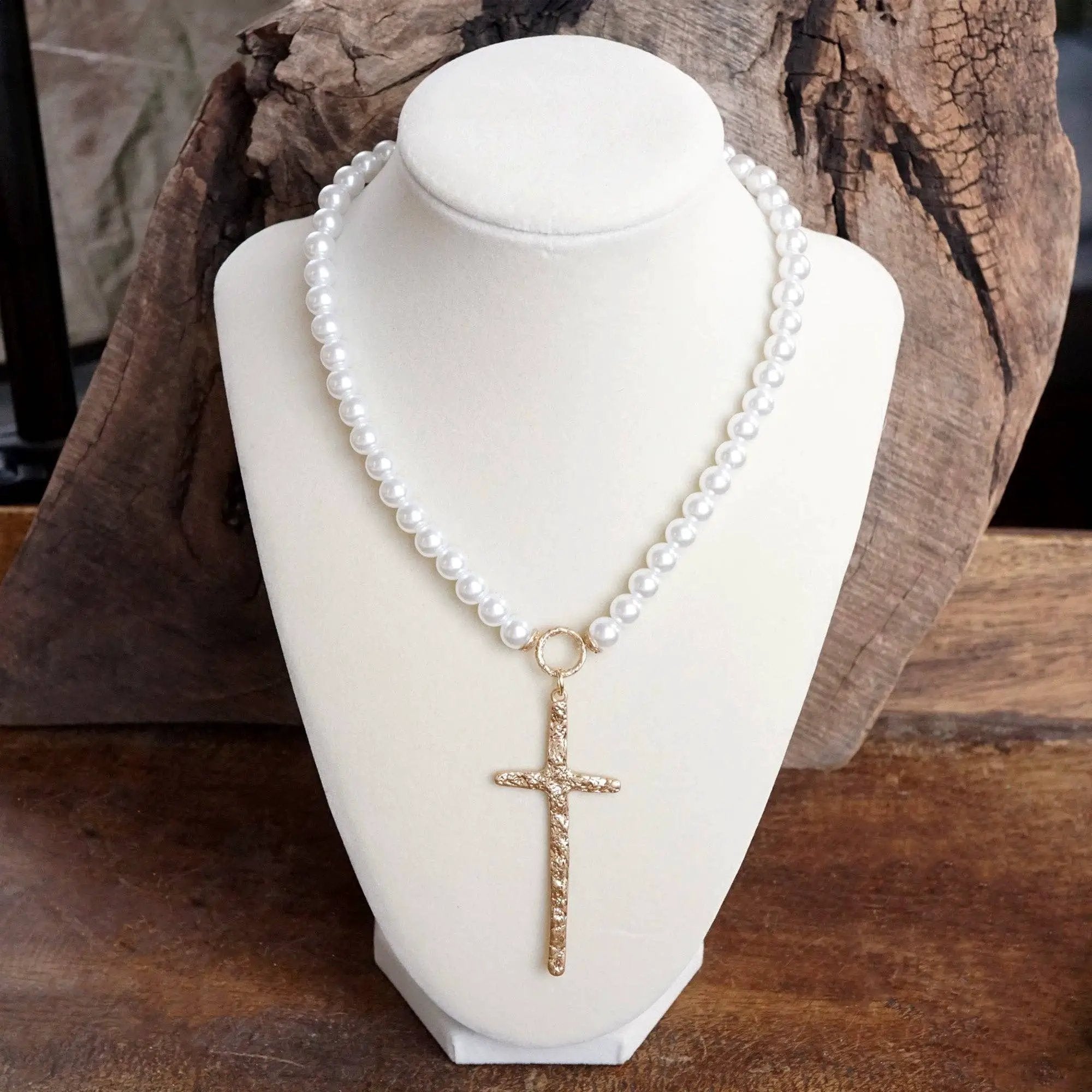 PennyLine inc The Primitive Cross Pearl Necklace - Jewelry primitive cross necklace gold pearl turquoise beads