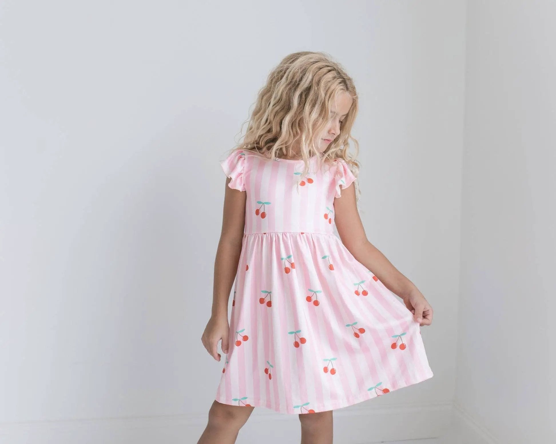Adorable Sweetness Adorable Sweetness - Girls Claire Pink Stripe Cherry Spring Summer Twirl Dress - Dresses