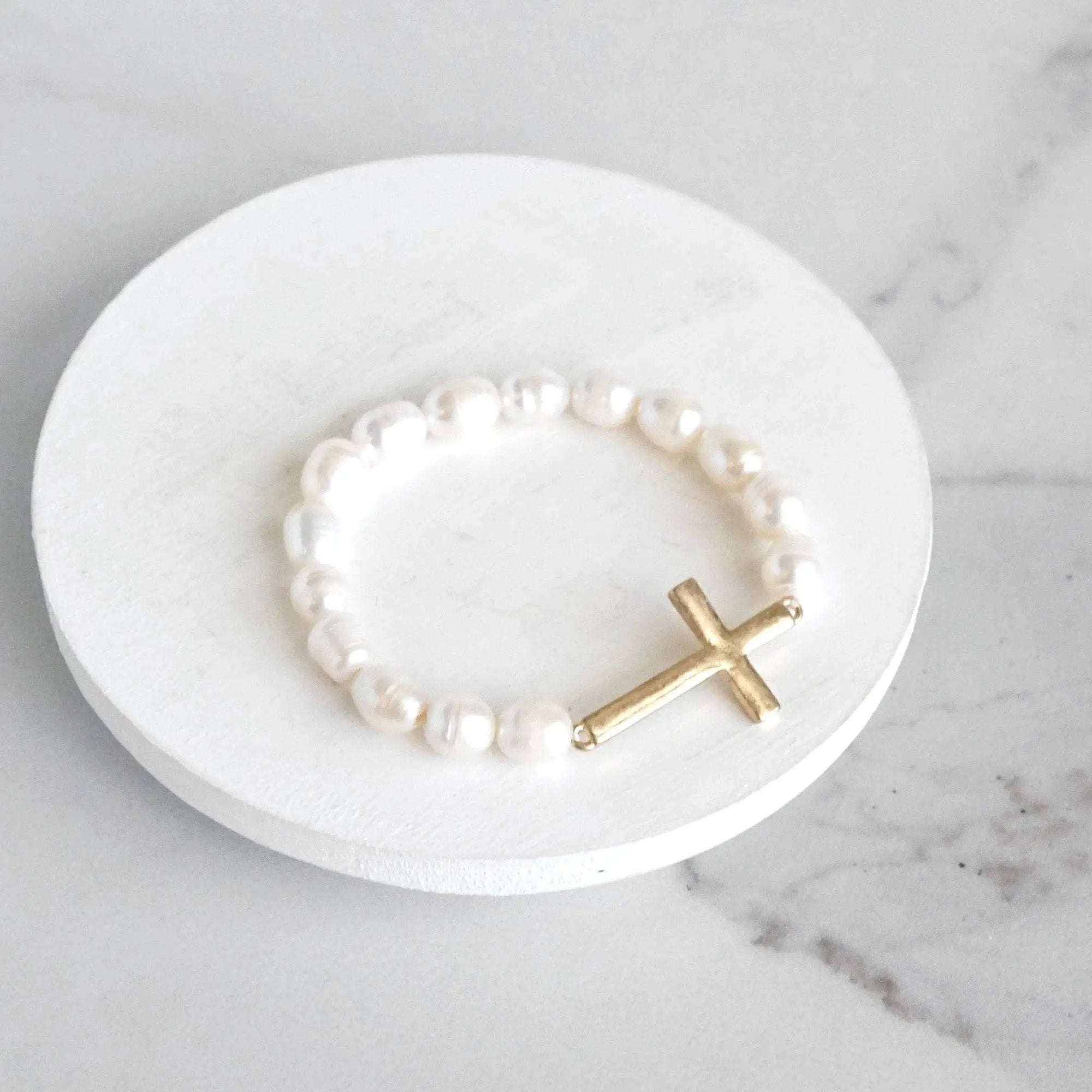 PennyLine inc The Faith Freshwater Pearl Gold Cross Bracelet - Jewelry sideways cross bracelet