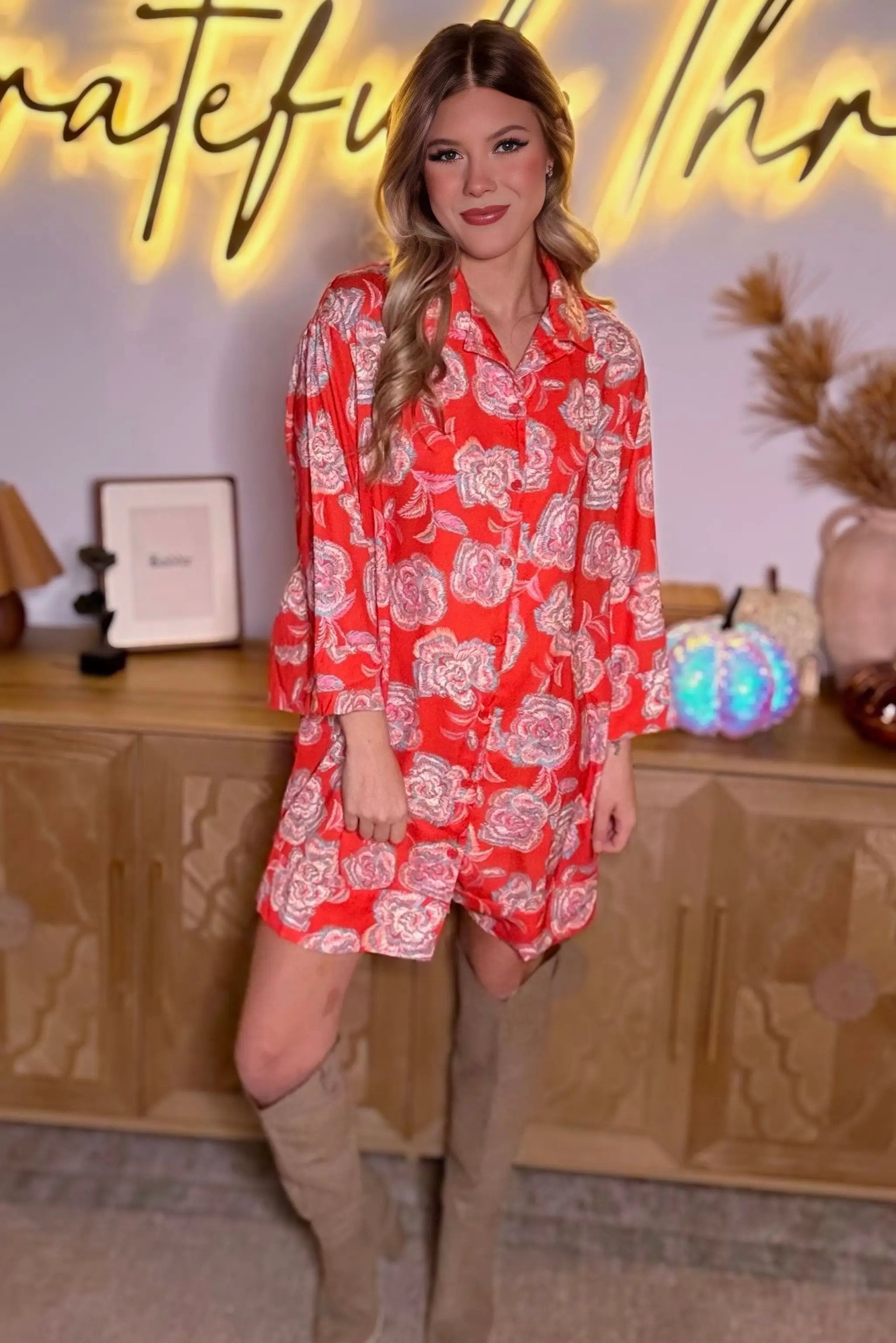 Grateful Threads Boutique Orange Floral Print Lapel Collar Mini Dress - Dresses