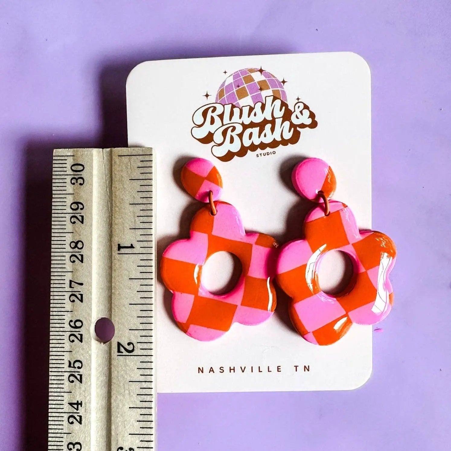 Blush and Bash Studio Blush and Bash Studio - Pink and Orange Checker Print Flower Earrings - Earrings