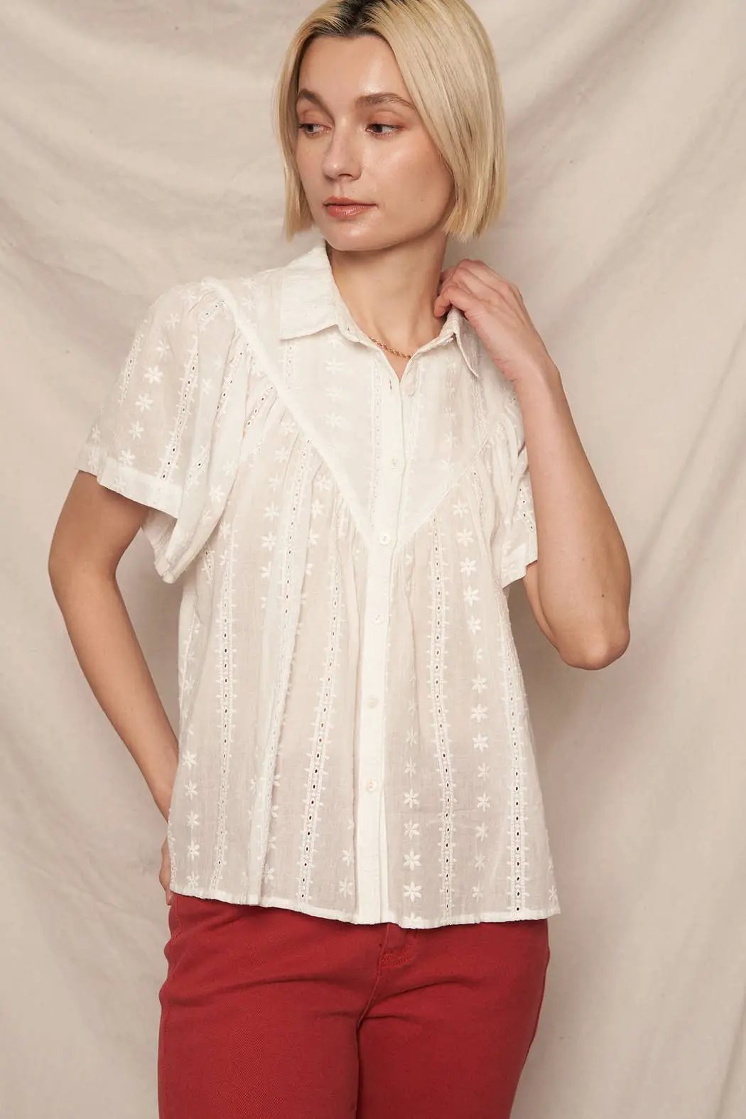 En Crème En Crème White Short Sleeve Lace Button Down Shirt - Shirts white short sleeve lace button down shirt