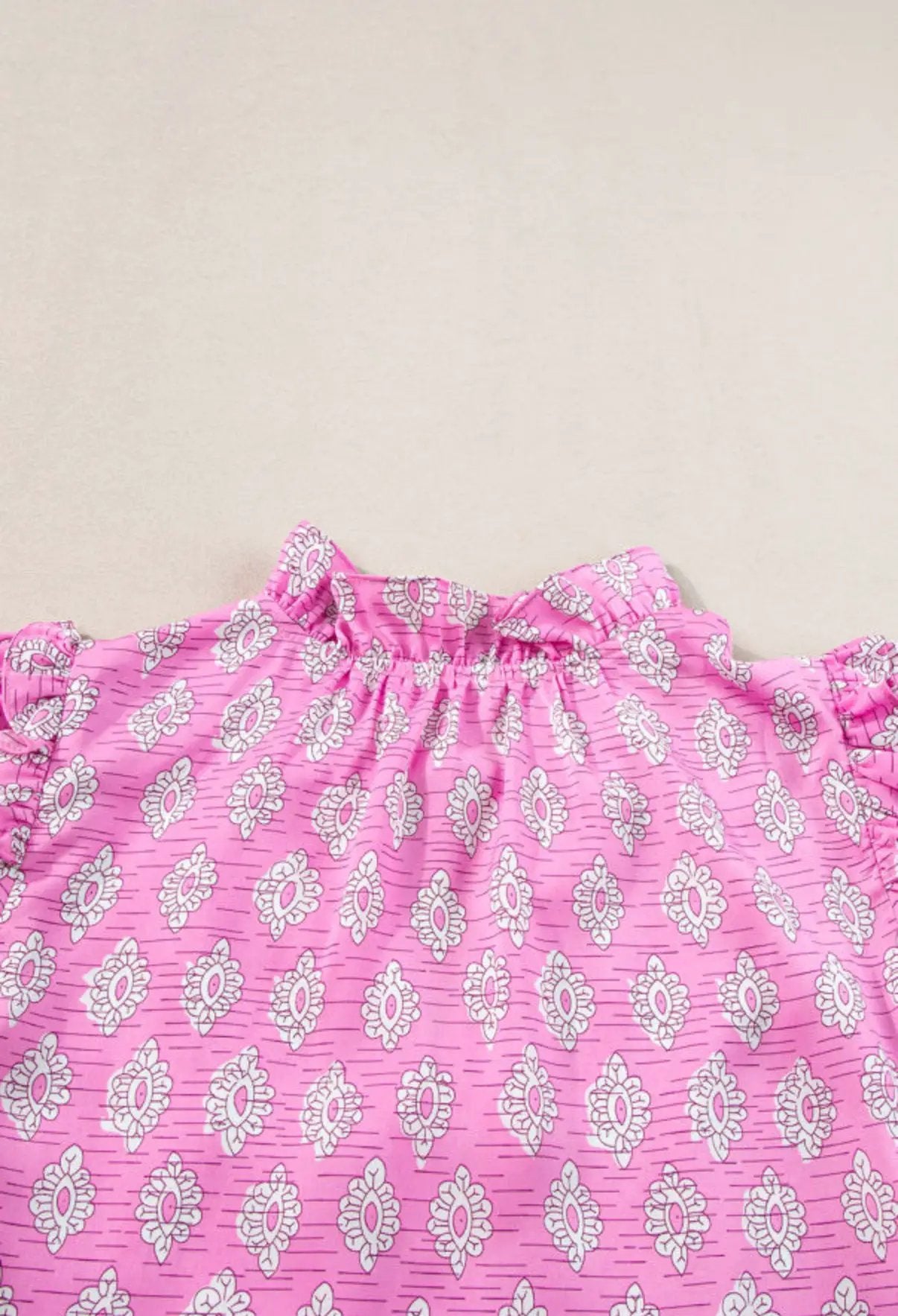 Grateful Threads Boutique Pink Vintage Floral Ruffled Split Neck Short Sleeve Blouse - Blouses Pink Vintage Floral Ruffled Split Neck Short Sleeve Blouse