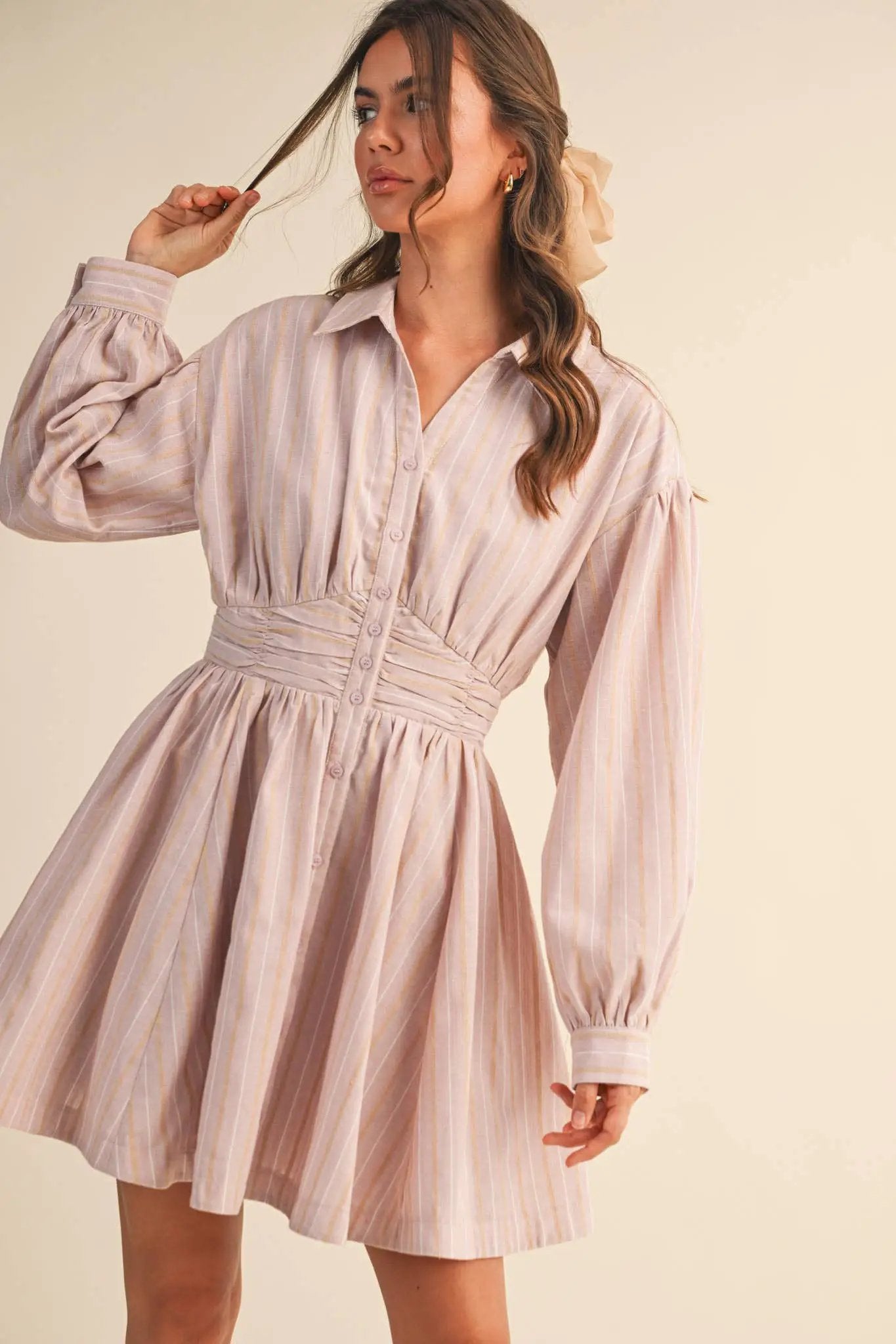 &MERCI Blushing Stripes Ruched Waist Mini Dress - Dresses