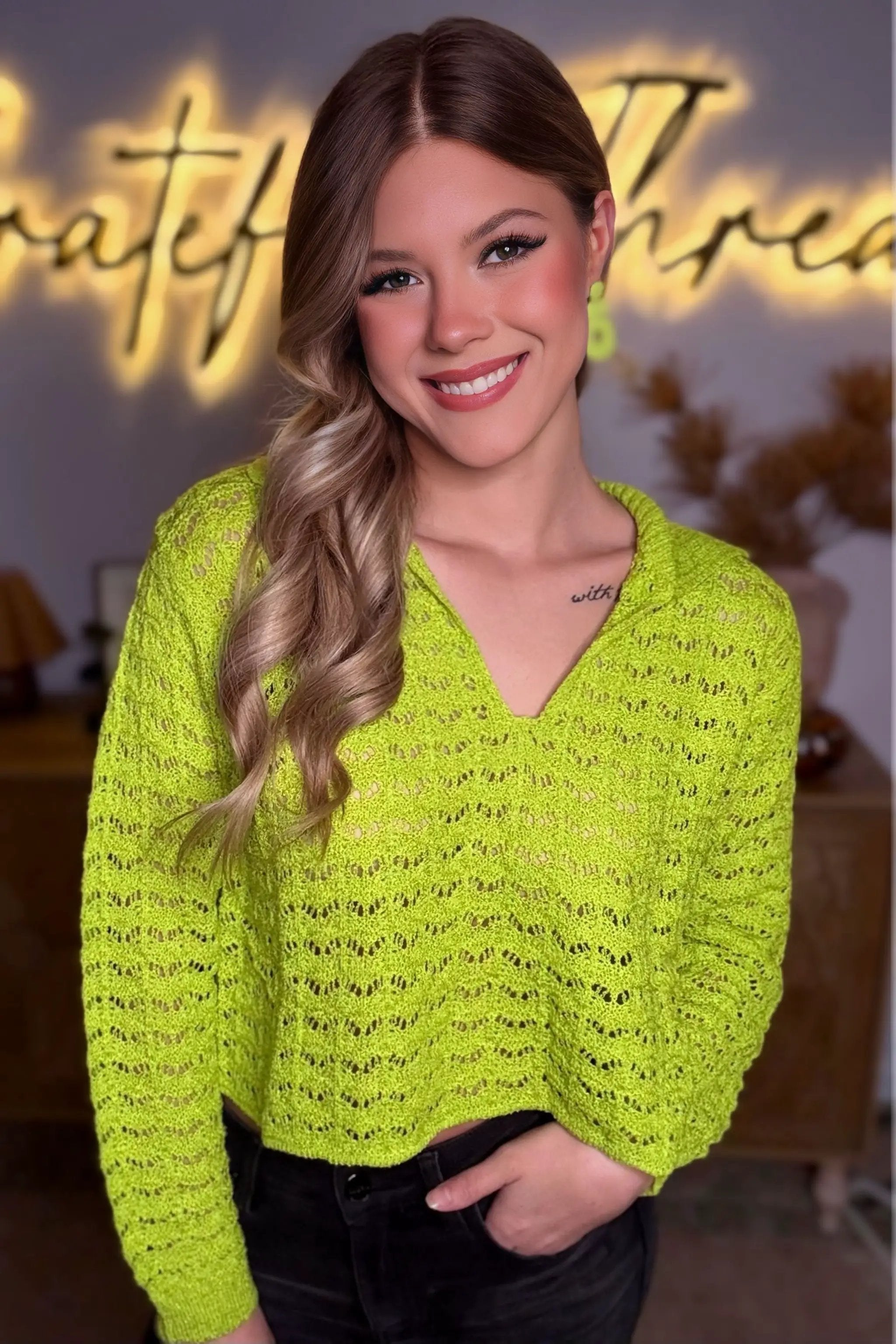 En Crème En Crème Lime Collared Long Sleeve Crochet Top - Clothing Tops