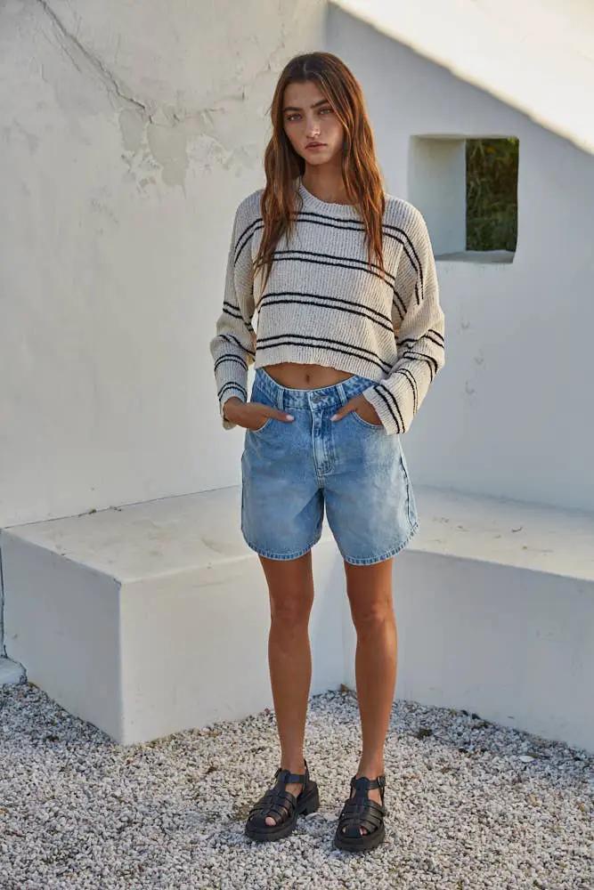 By Together Driftwood Days Striped Cropped Sweater in Cream & Black - Sweaters