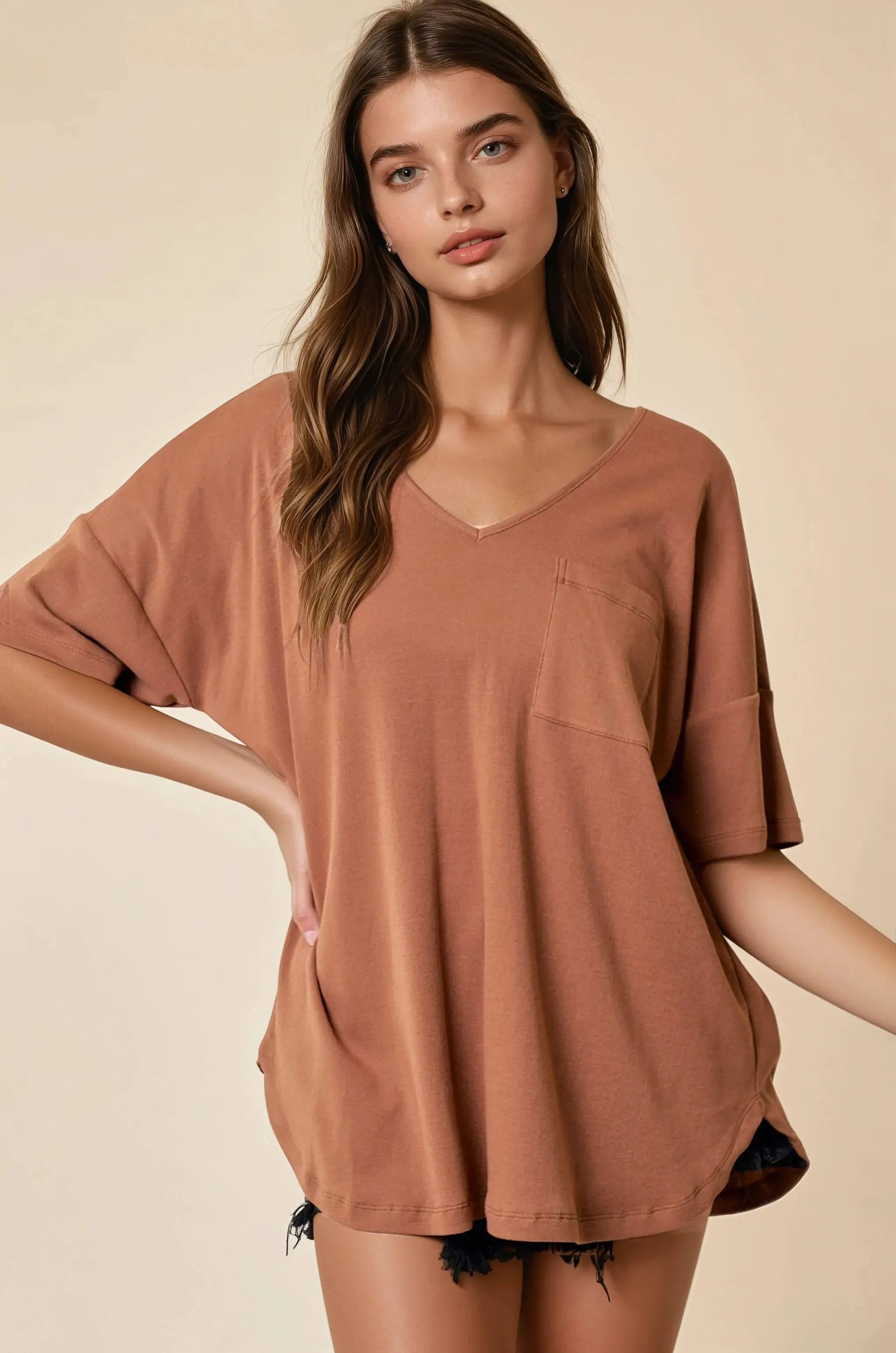Doe and Rae The Oversized V-Neck Knit Top: Charcoal - T-Shirts