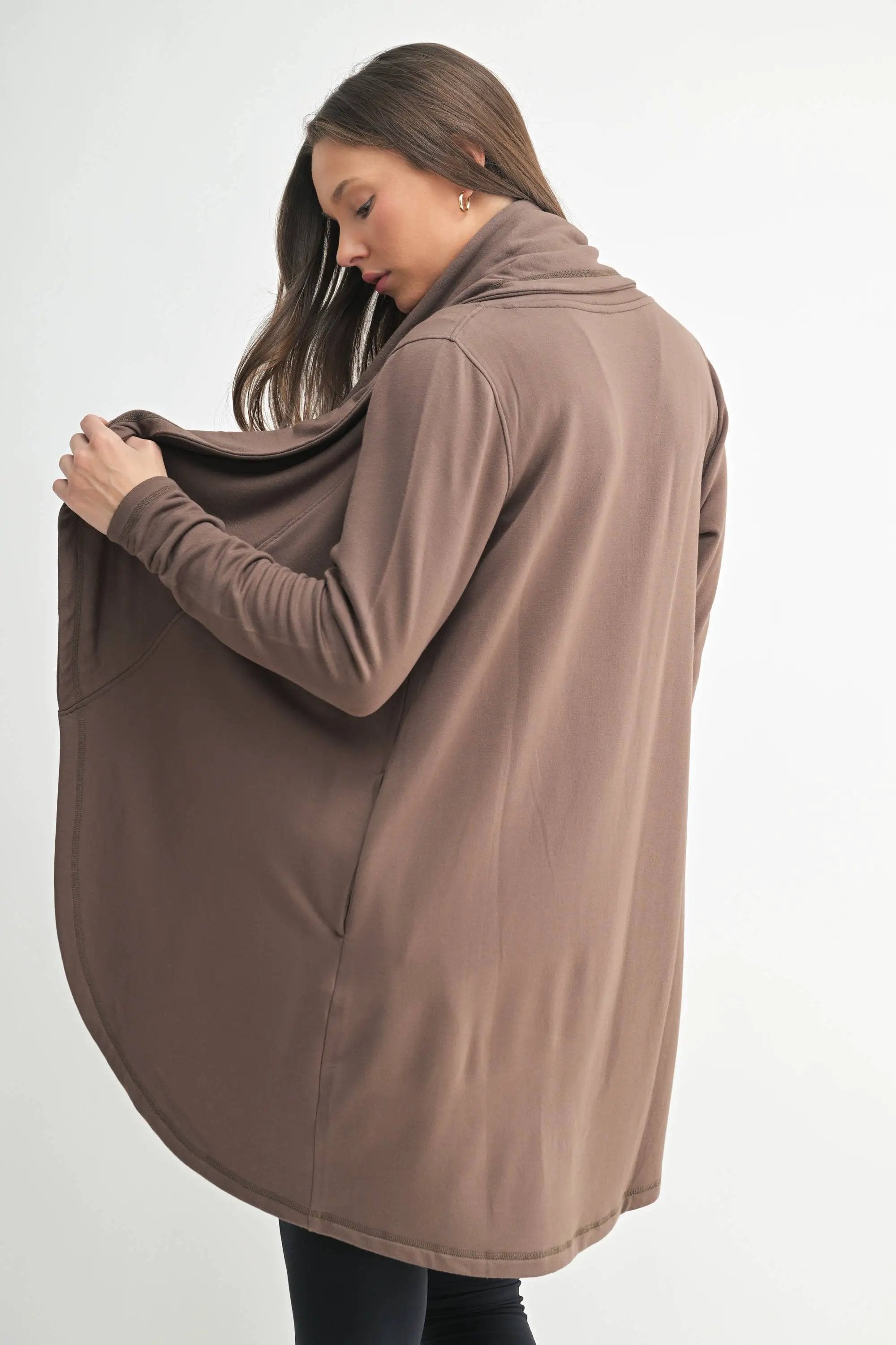 Mono B Mono B - Fleece Lined Flowy Open Cardigan in Java - Shirts Mono B - Fleece Lined Flowy Open Cardigan