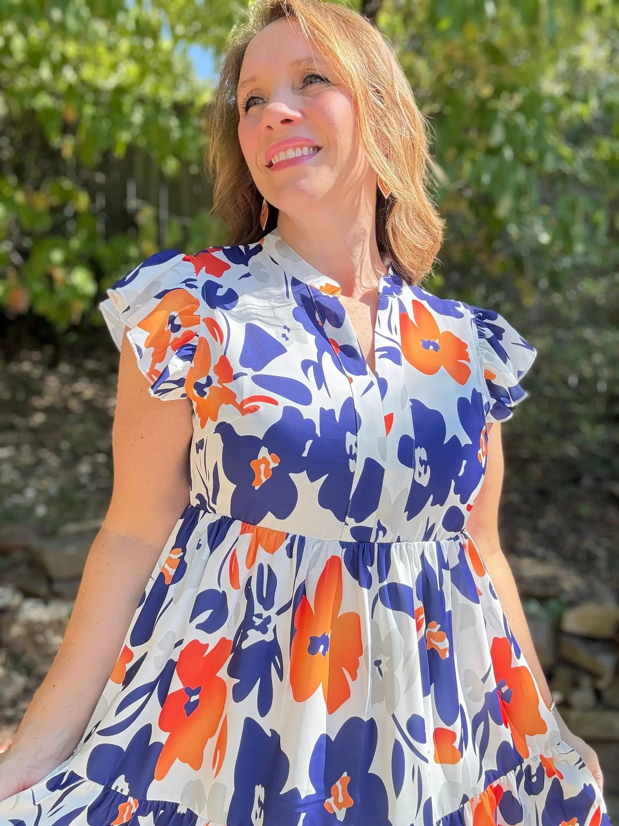 Grateful Threads Boutique Floral Print Notched Neck Flutter Sleeve Mini Dress - Dresses orange floral flutter sleeve mini dress
