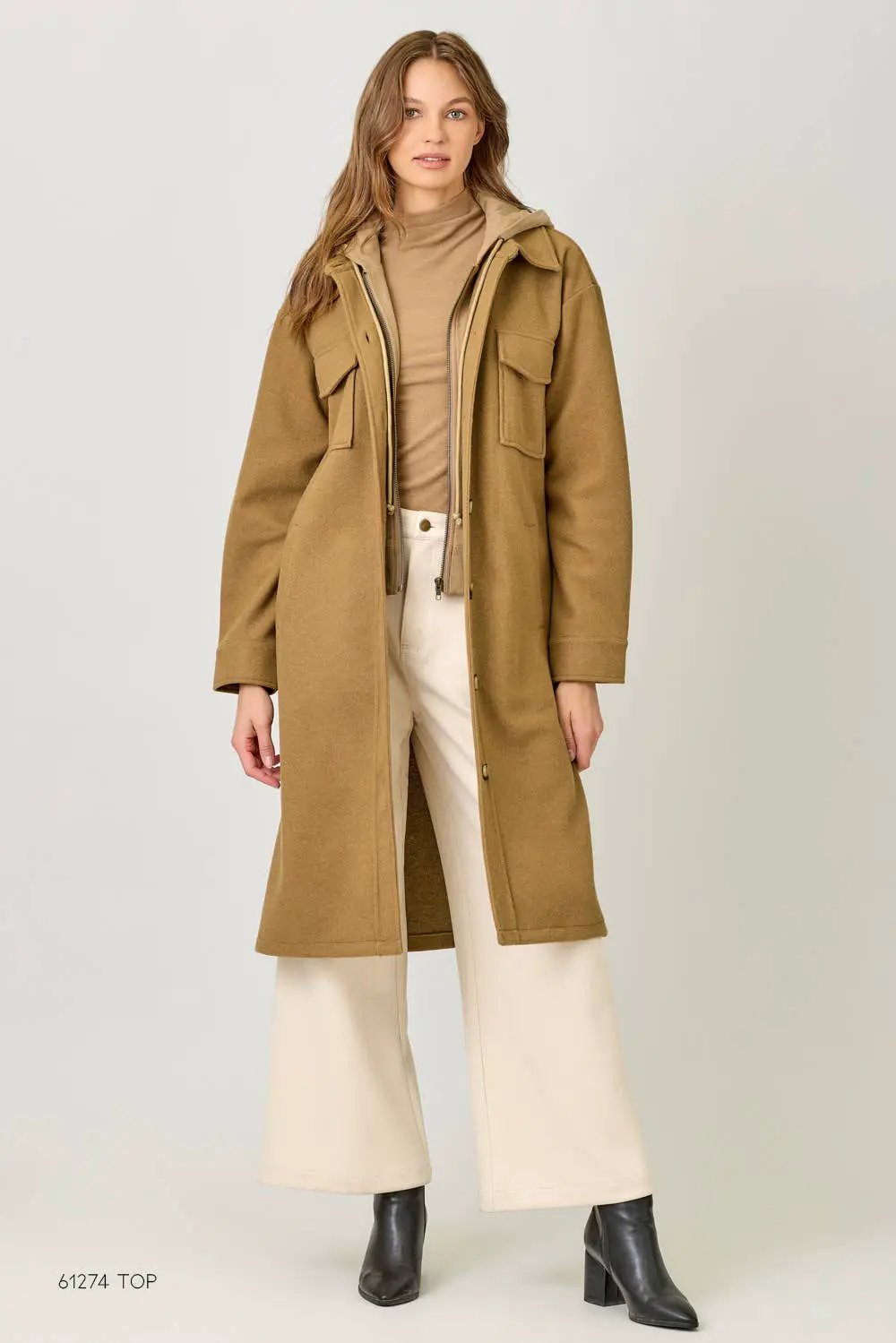 Mystree Mystree - Warm Sand Twofer Hoodie Long Coat - Overcoats
