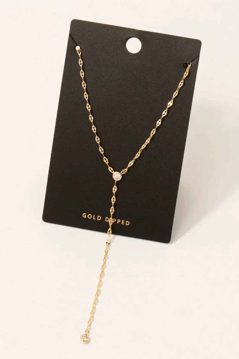 Fame Accessories The Dainty Gold Dipped Chain Link Y Necklace with Stone Accent - Necklaces