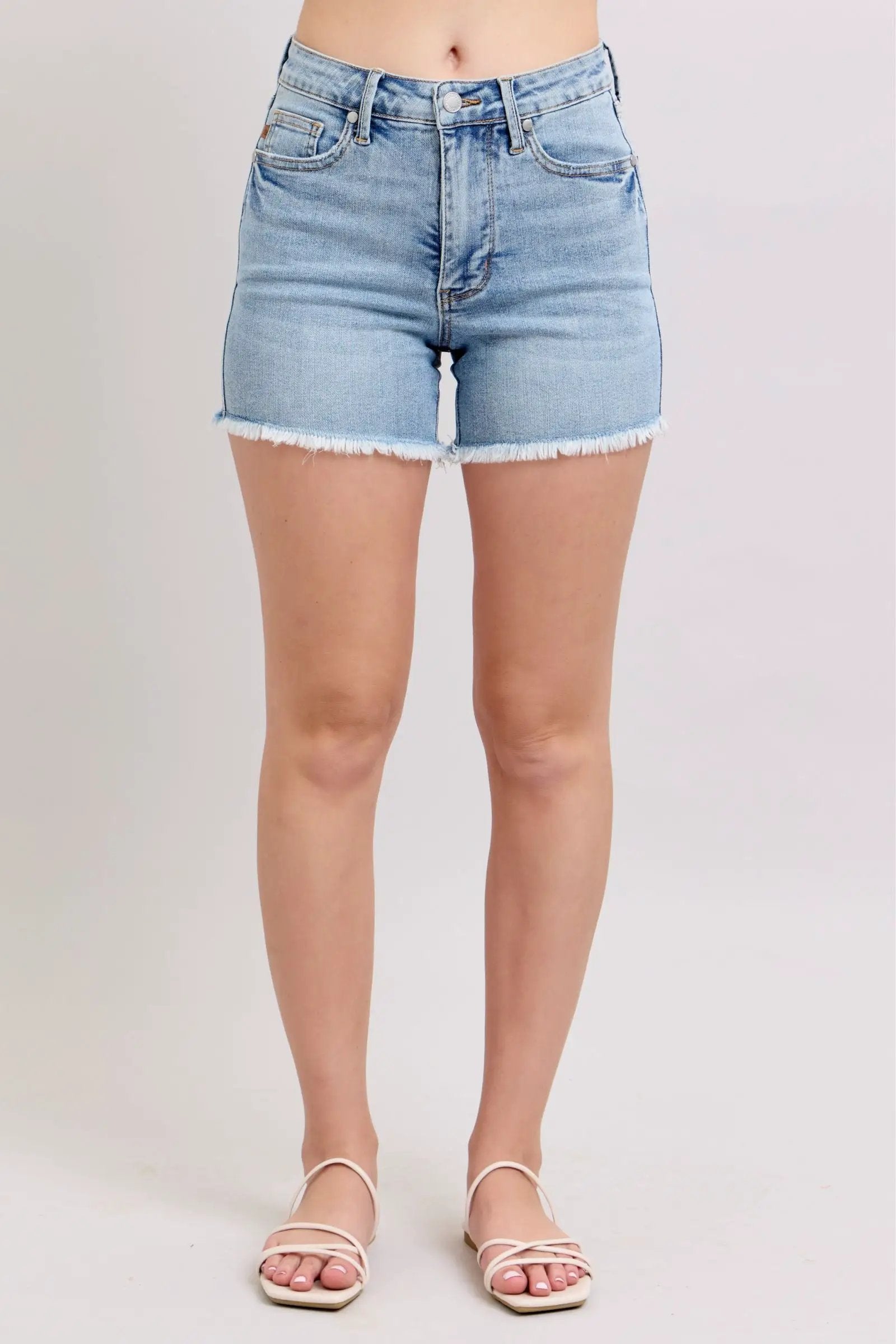 Judy Blue Judy Blue High Waist Tummy Control Light Wash Destroy & Fray Hem Denim Shorts - Shorts Judy Blue High Waist Tummy Control Light Wash Destroy & Fray Hem Denim Shorts