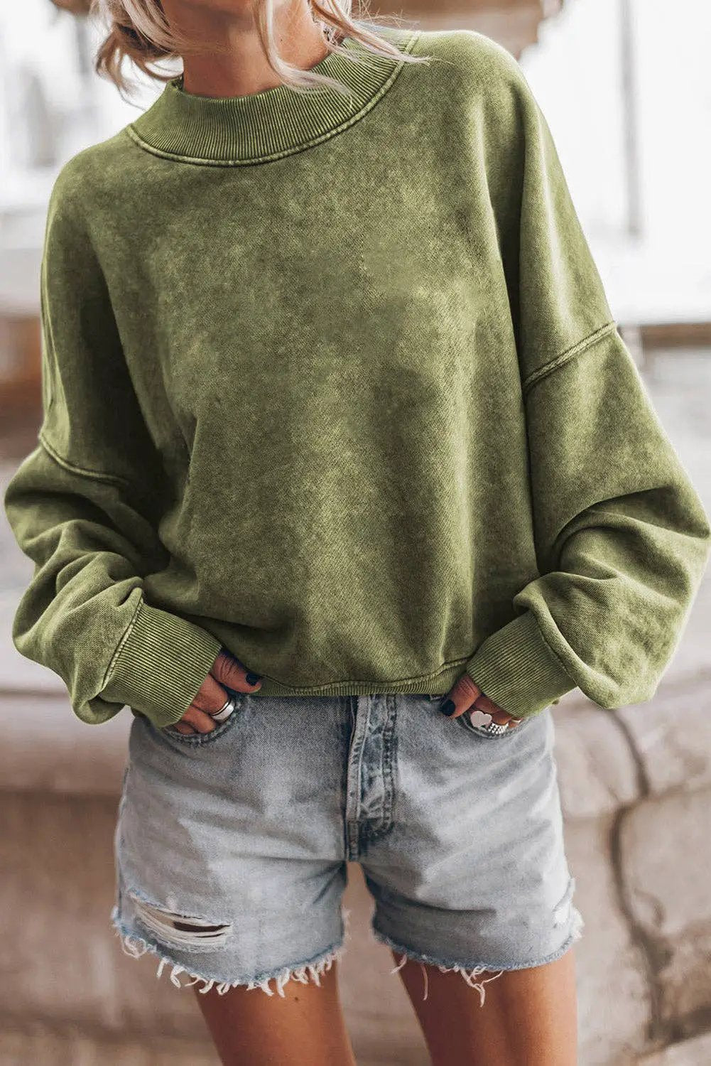 Suhkasana Army Green Mineral Washed Mock Neck Crewneck Sweatshirt - Sweatshirts