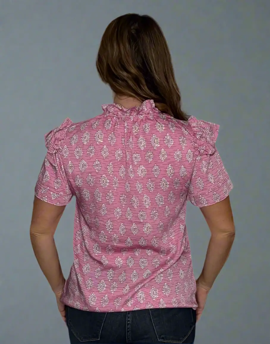 Grateful Threads Boutique Pink Vintage Floral Ruffled Split Neck Short Sleeve Blouse - Blouses Pink Vintage Floral Ruffled Split Neck Short Sleeve Blouse